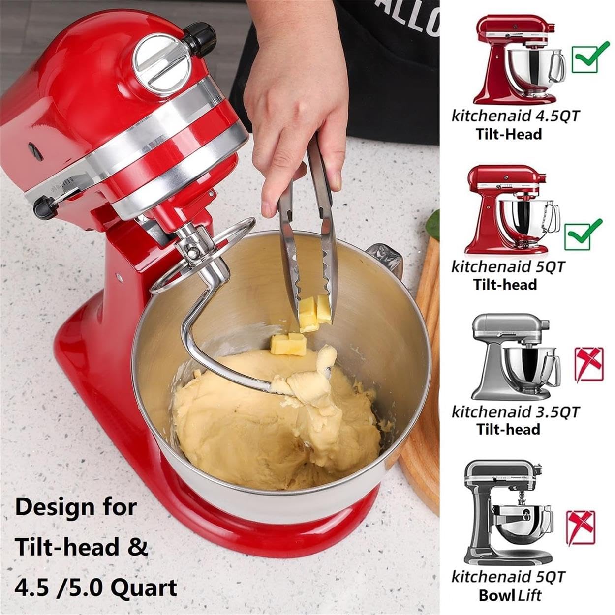 Favorkit Dough Hook With Shield For Kitchenaid Tilt Head And 4.5 5.0 Quart Mixers, Polished Stainless Steel Dishwasher Safe Knea