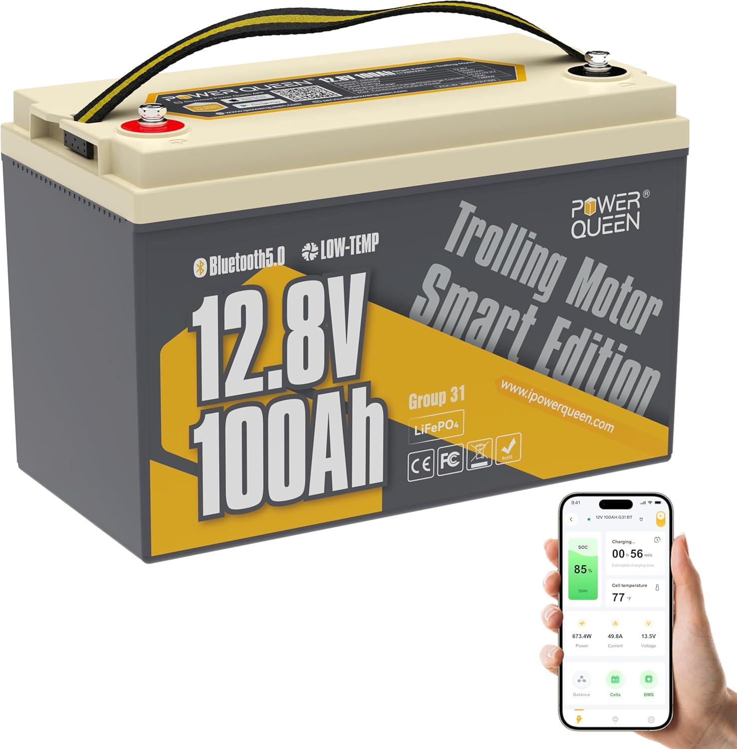 Power Queen 12V 100Ah Group 31 LiFePO4 Battery Bluetooth 5.0, Deep Cycle Lithium Battery Max. Output Power 1280W, 100A BMS with 