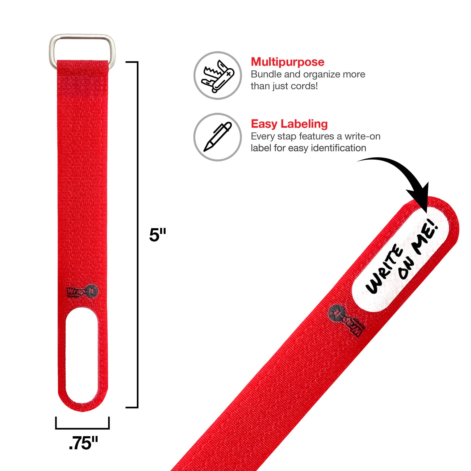 Wrap It Storage Cinch Straps, 5'' 20 Pack (Red), Features Metal Buckle And Write On Label For Easy Cord Identification And Cable