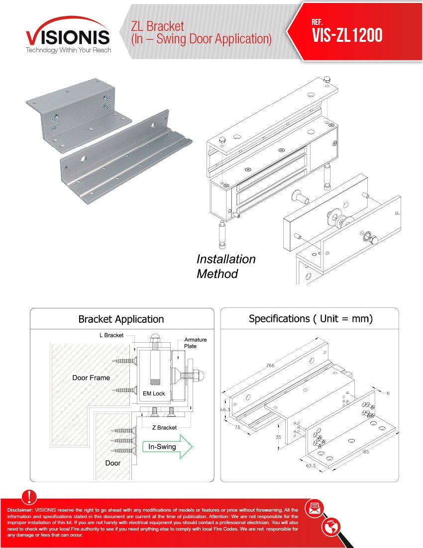 Visionis Lz1200 L And Z Bracket For 1200Lbs Electromagnetic Lock For Inswinging Door Access Control Maglock