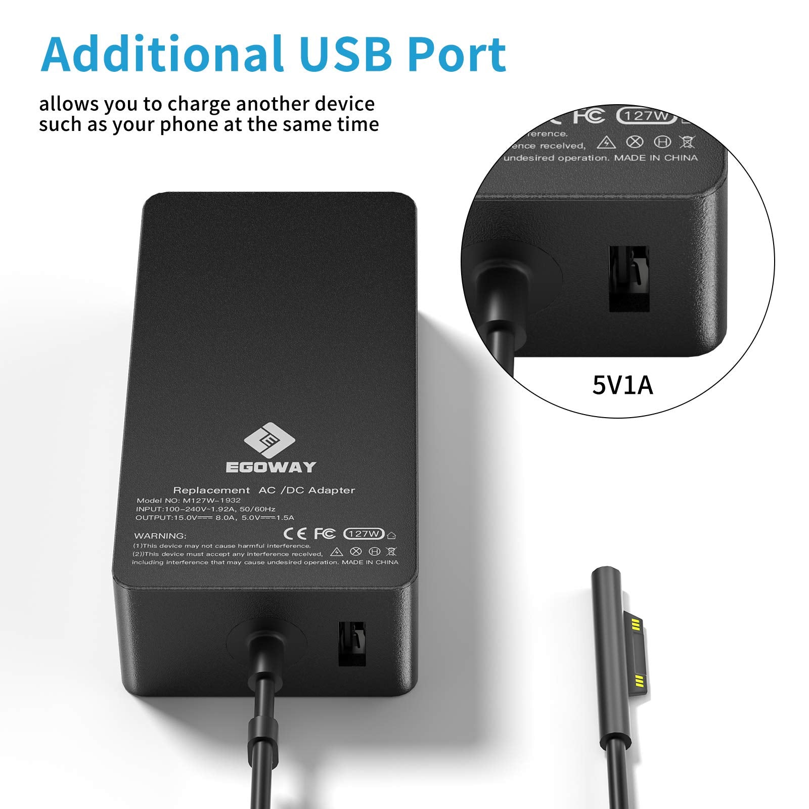 Surface Book 3 Surface Pro Charger, 127W 15V 8A Ac Power Supply Adapter Compatible With Surface Pro X 7 6 5 4 3, Surface Book 3 2 1, Surface Laptop Studio 4 3 2 1 Surface Go With 6Ft Power Cord