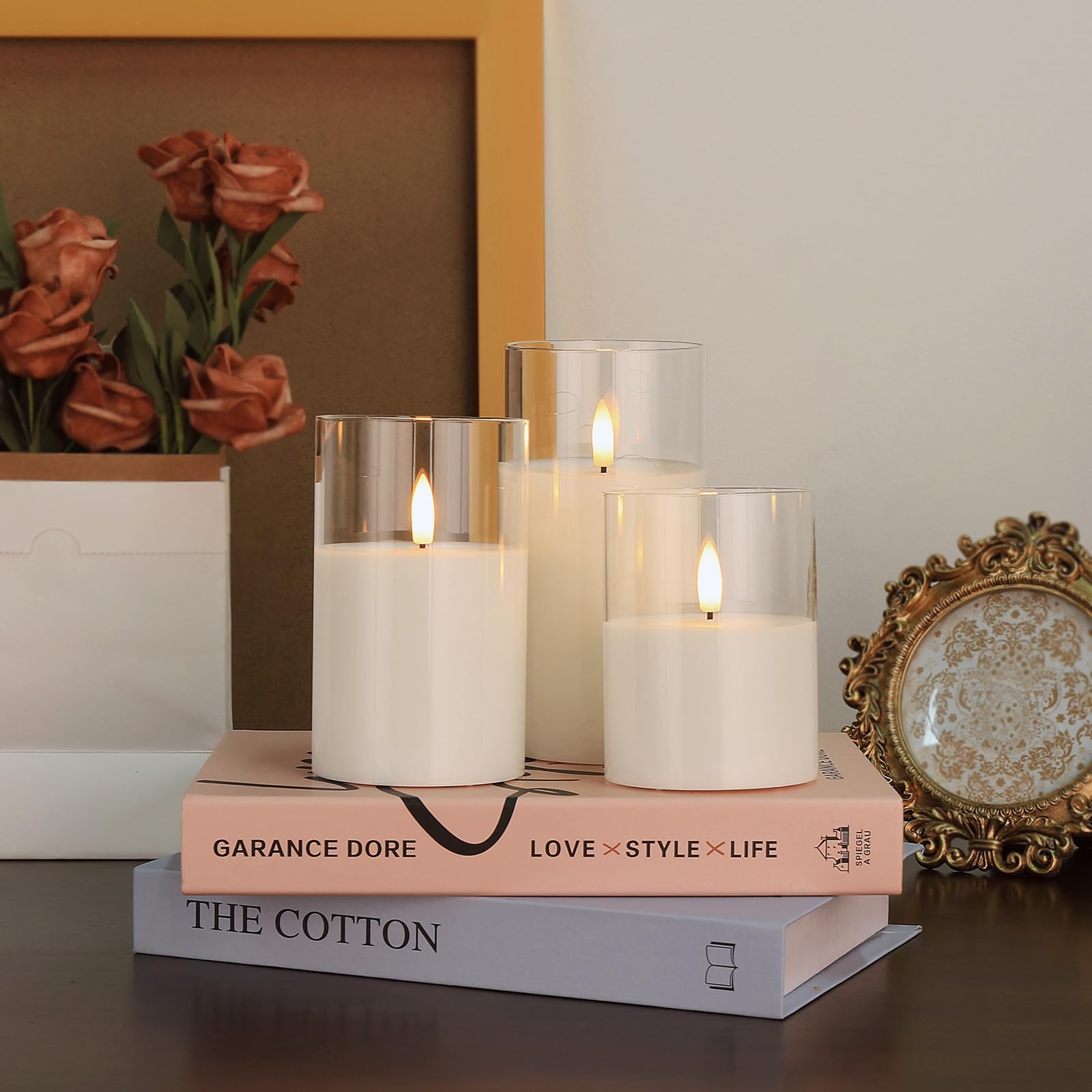 Credtarnos Battery Operated Candles, Clear Glass Flickering Flameless Candles With Remote And Timer,3D Wick White Real Wax Led C