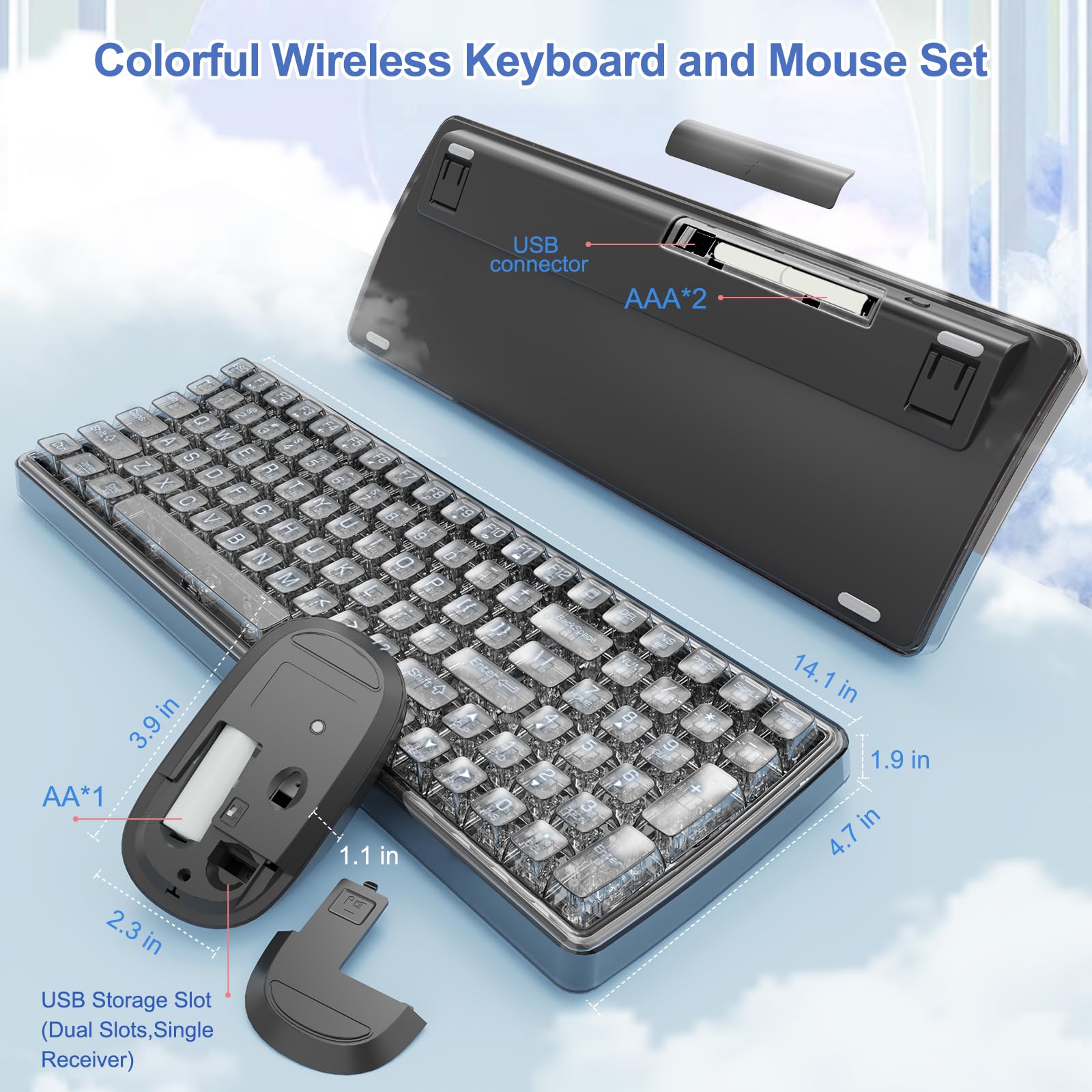 Wireless Transparent Keyboard And Mouse Combo With Soft Wrist Rest, Nowlike Ergonomic Full Size With Clear Keycaps, Compatible W