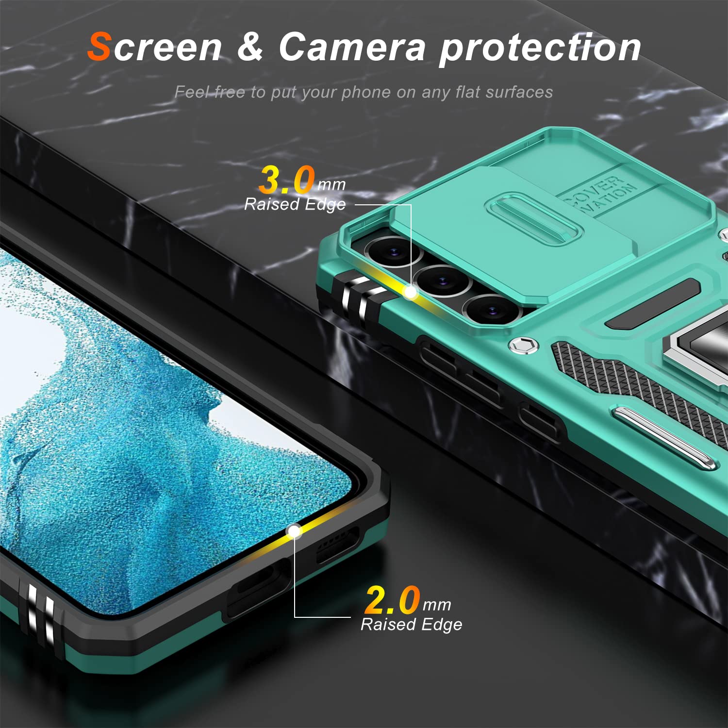 LUMARKE Phone Case for Samsung Galaxy S22 Plus with Camera Cover Kickstand Military Grade Plastic Turquoise