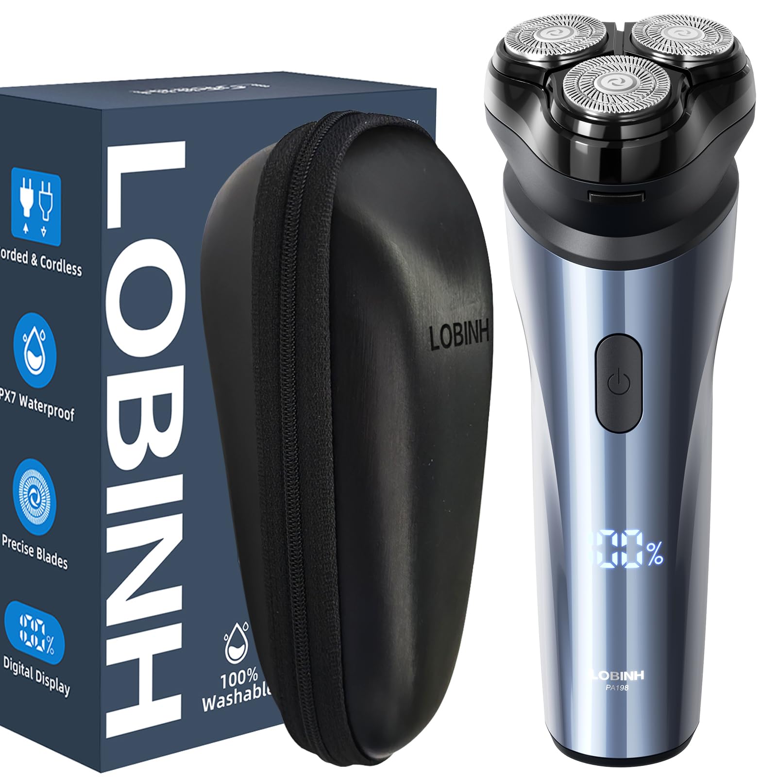 Electric Razor For Men With Travel Organizer, Lobinh 100% Washable Rechargeable Men'S Rotary Shavers, Cordless Wet & Dry Shaver