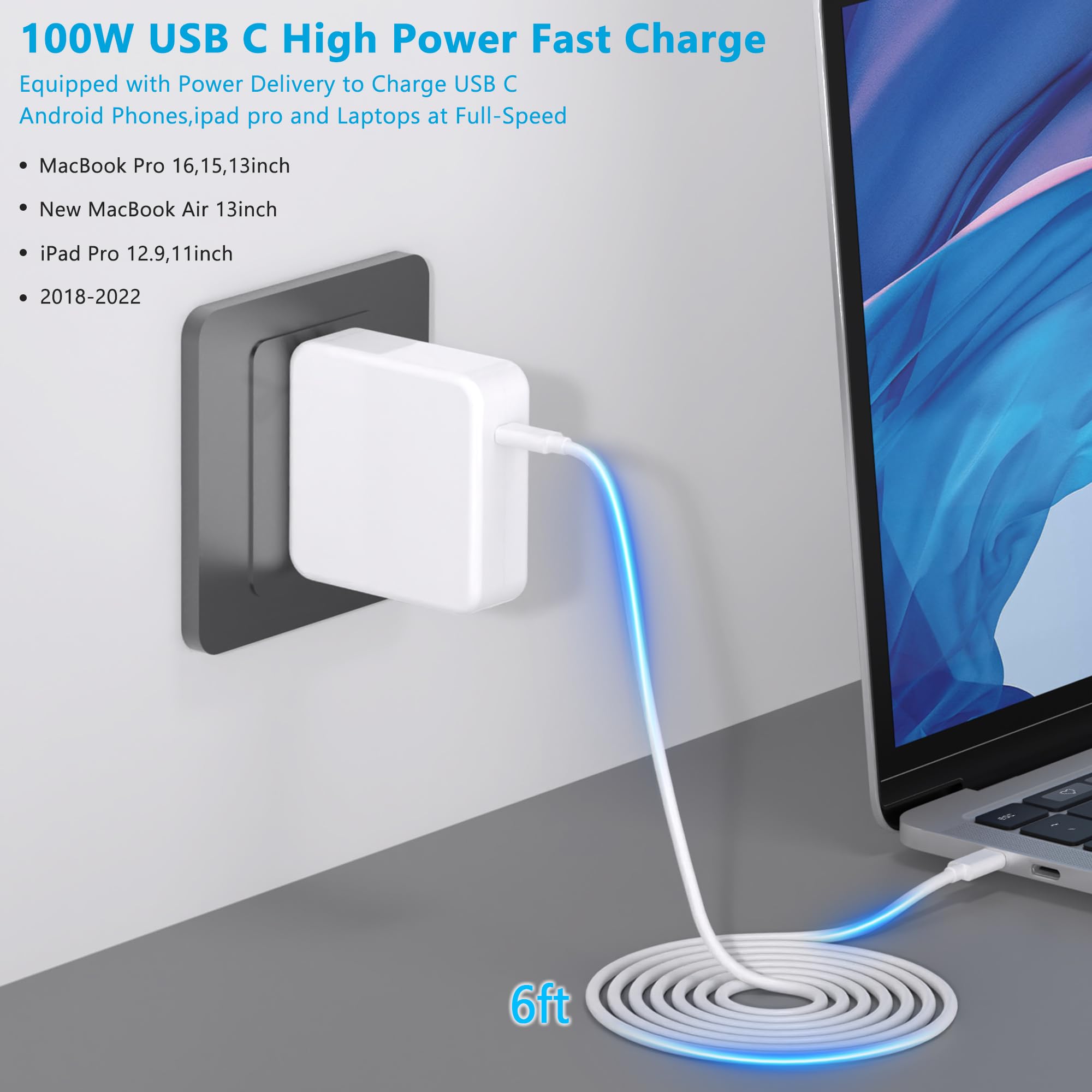 Mac Book Pro Charger 100W Usb C Charger Fast Charging For Macbook Pro/Macbook Air 16 15 14 13 Inch,Ipad Pro And All Usb C Device,Travel Computer Power Adapter Cord With 5A Usb C C Charger Cable