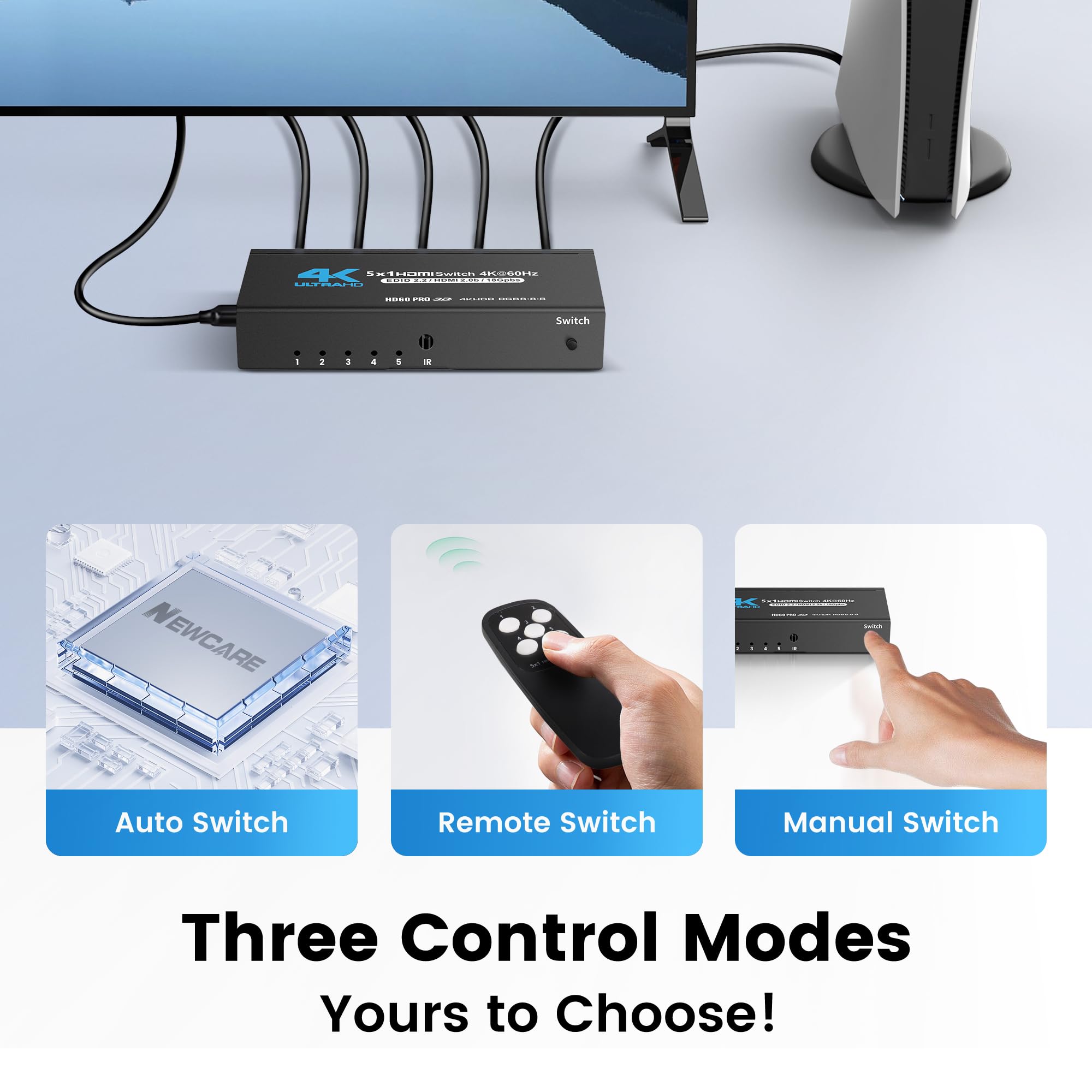 Newcare Hdmi Switch 5 In 1 Out 4K@60Hz, 5X1 Hdmi Splitter Switcher With Ir Remote, 5 Port Hdmi Selector Box Support Hdmi2.0, Dolby Vision/Atmos, Hdr10 For Switch, Xbox, Ps5/4, Roku, Fire Stick