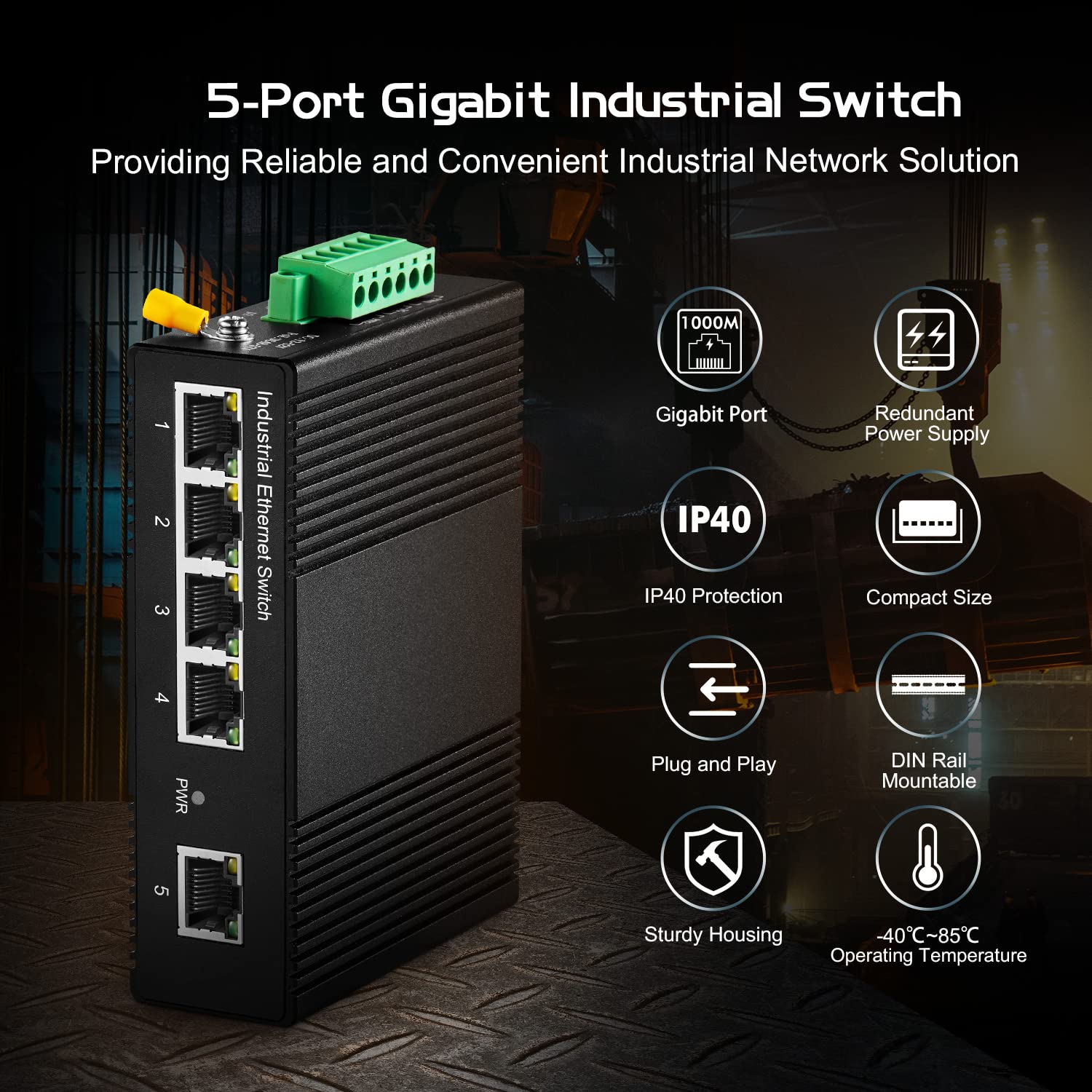 Binardat 5 Port Gigabit Din Rail Industrial Ethernet Switch, 4 Ports And 1 Uplink 10/100/1000Mbps, Fanless Wall Mount, With One