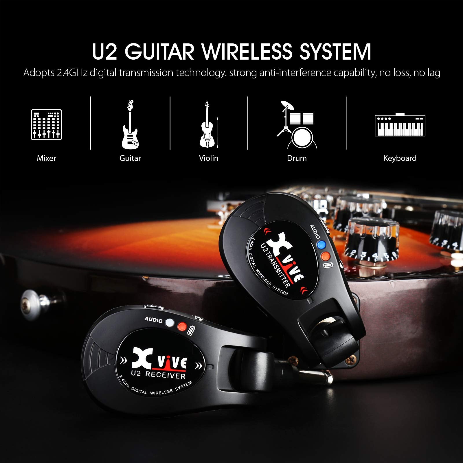 Xvive U2 Wireless Guitar System Rechargeable 2.4Ghz Guitar Wireless Transmitter And Receiver For Electric Guitar Bass Violin Key