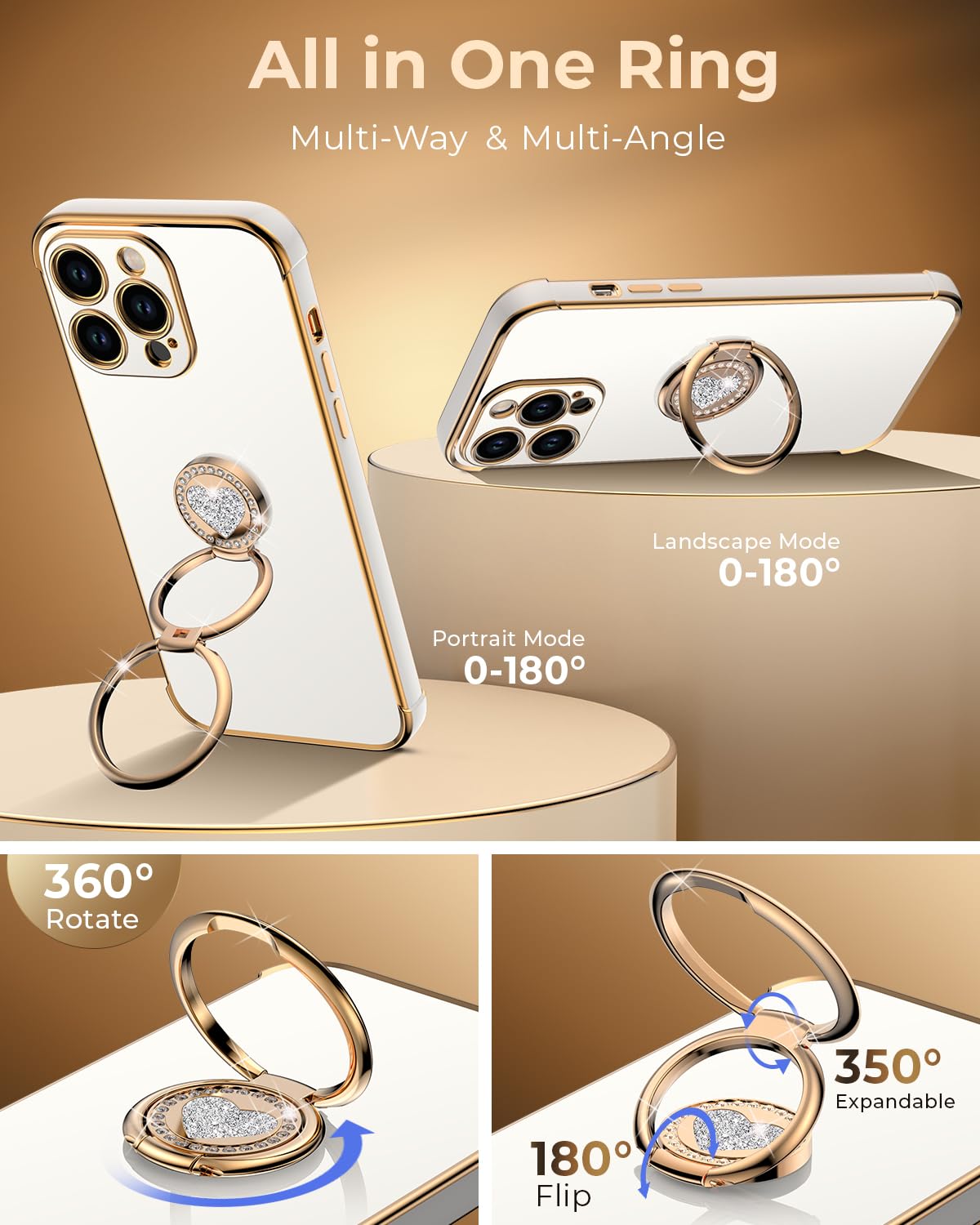 Xyz For Iphone 14 Pro Case With Stand, Phone Case With Double Ring Kickstand, Women Girls Bling Luxury Protective Case Heart For