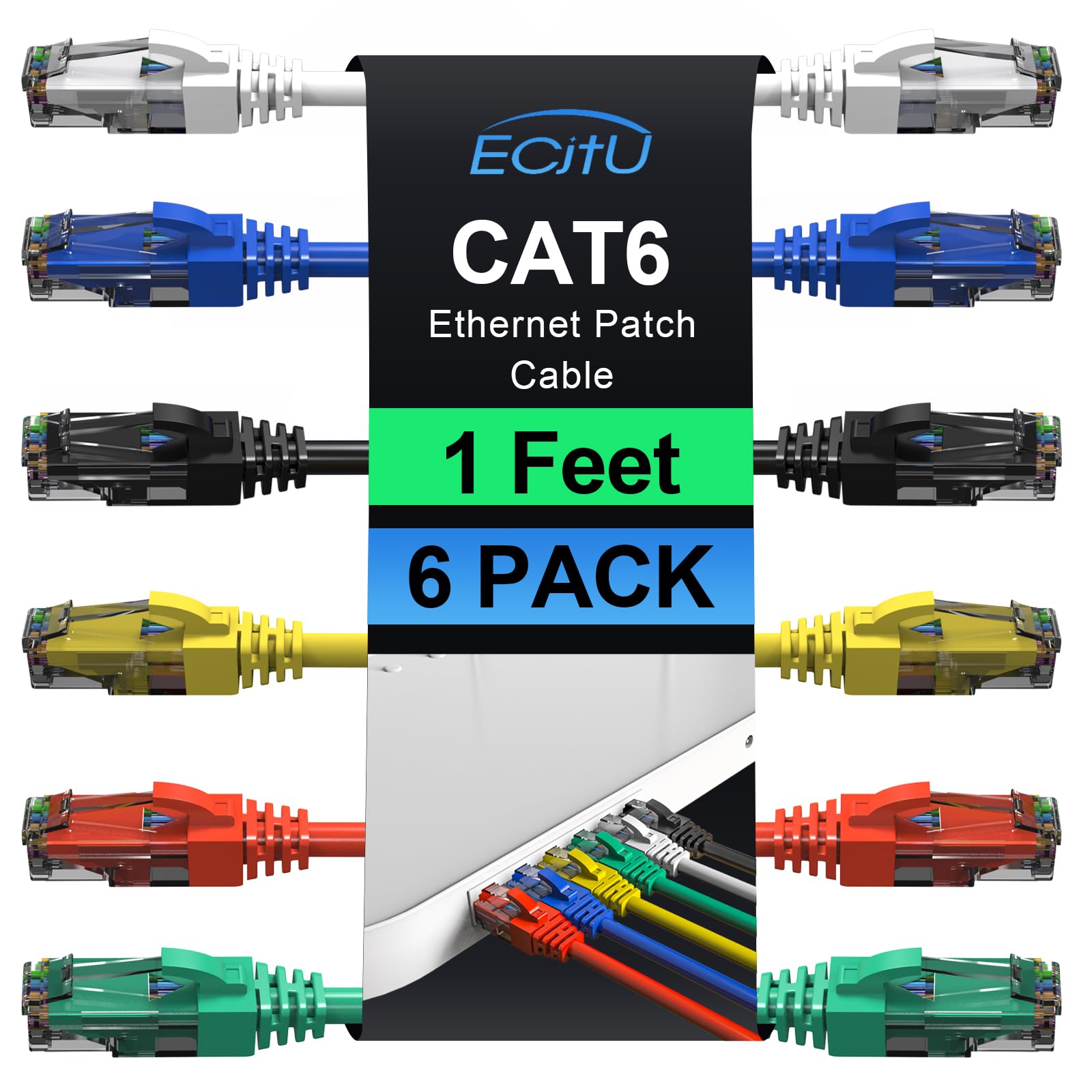 Cat6 Patch Cables 1 Foot (6 Pack), Cat 6 Ethernet Cable, 24Awg Cca Cord, Utp Network, Internet Cable, Compatible For Pc, Laptop, Routers, Switches, Servers, Printers, Rj45 Lan With 25 Cable Ties   1Ft