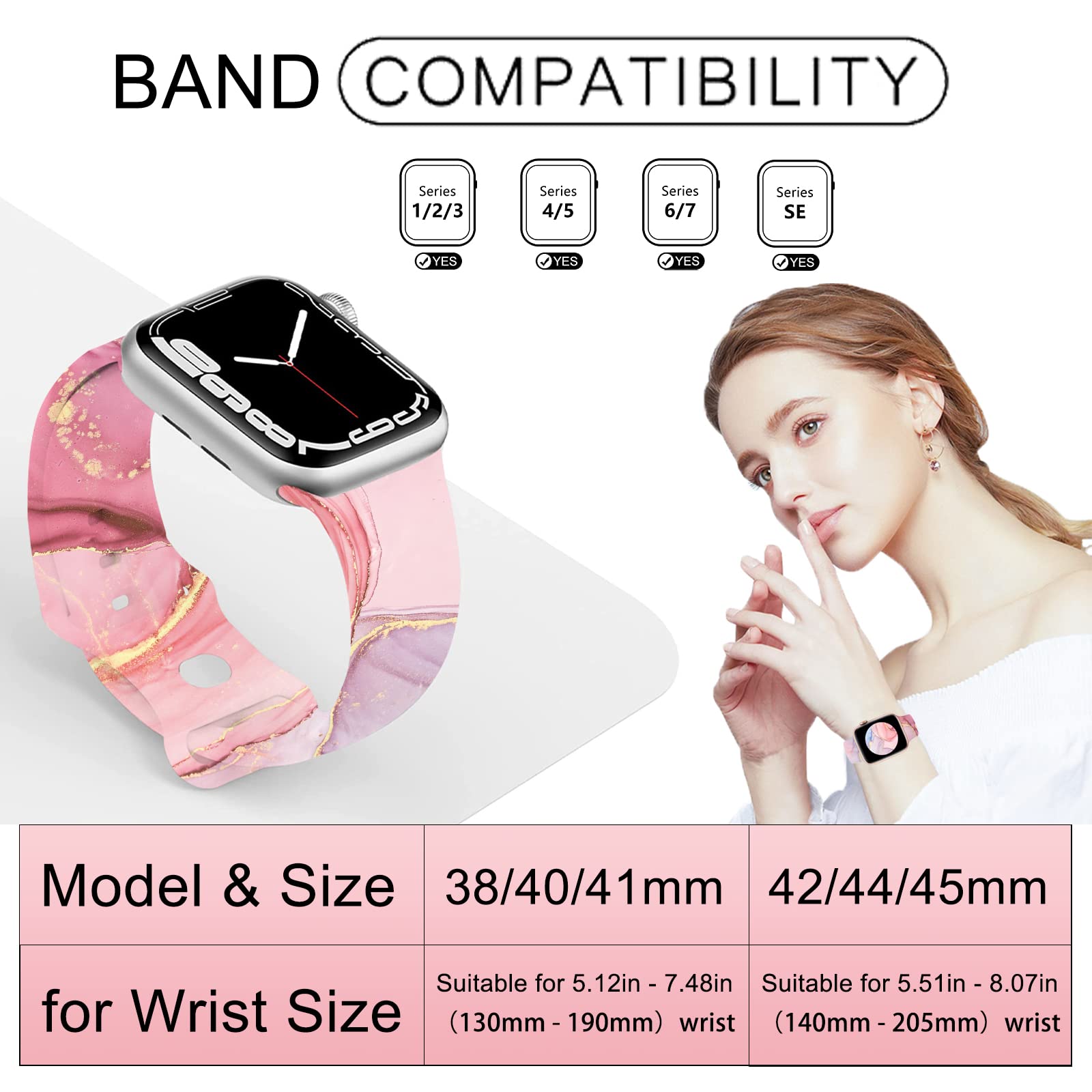 Sport Bands Compatible With Apple Watch Band 38Mm 40Mm 41Mm Women Girls, Rose Gold Pink Marble Design Watch Band Cute Silicone W