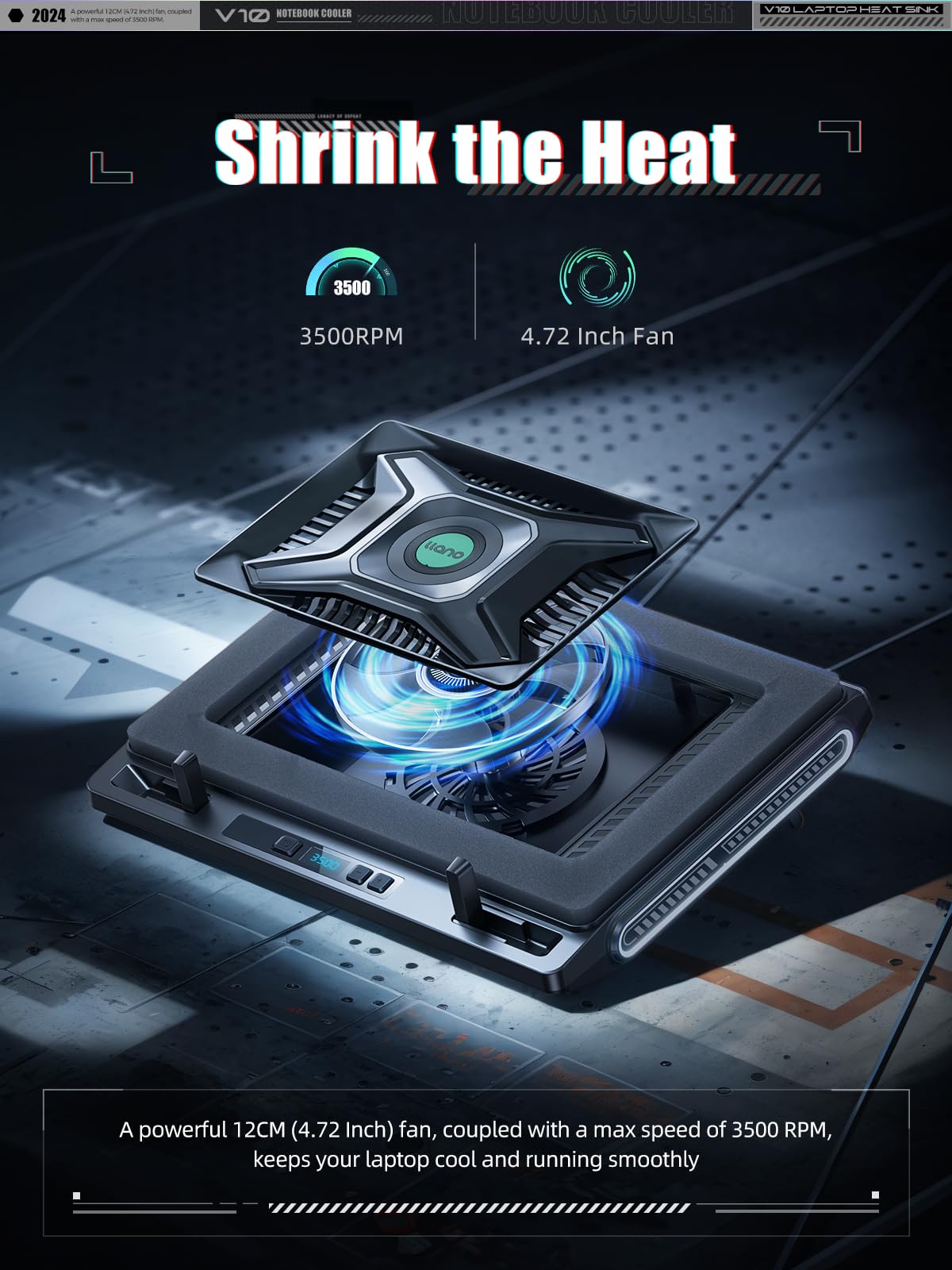 Llano V10 Laptop Cooling Pad With Powerful Turbofan, Gaming Laptop Cooler With Adjustable Variable Speed, Buttoncontrol,Lcd Scre