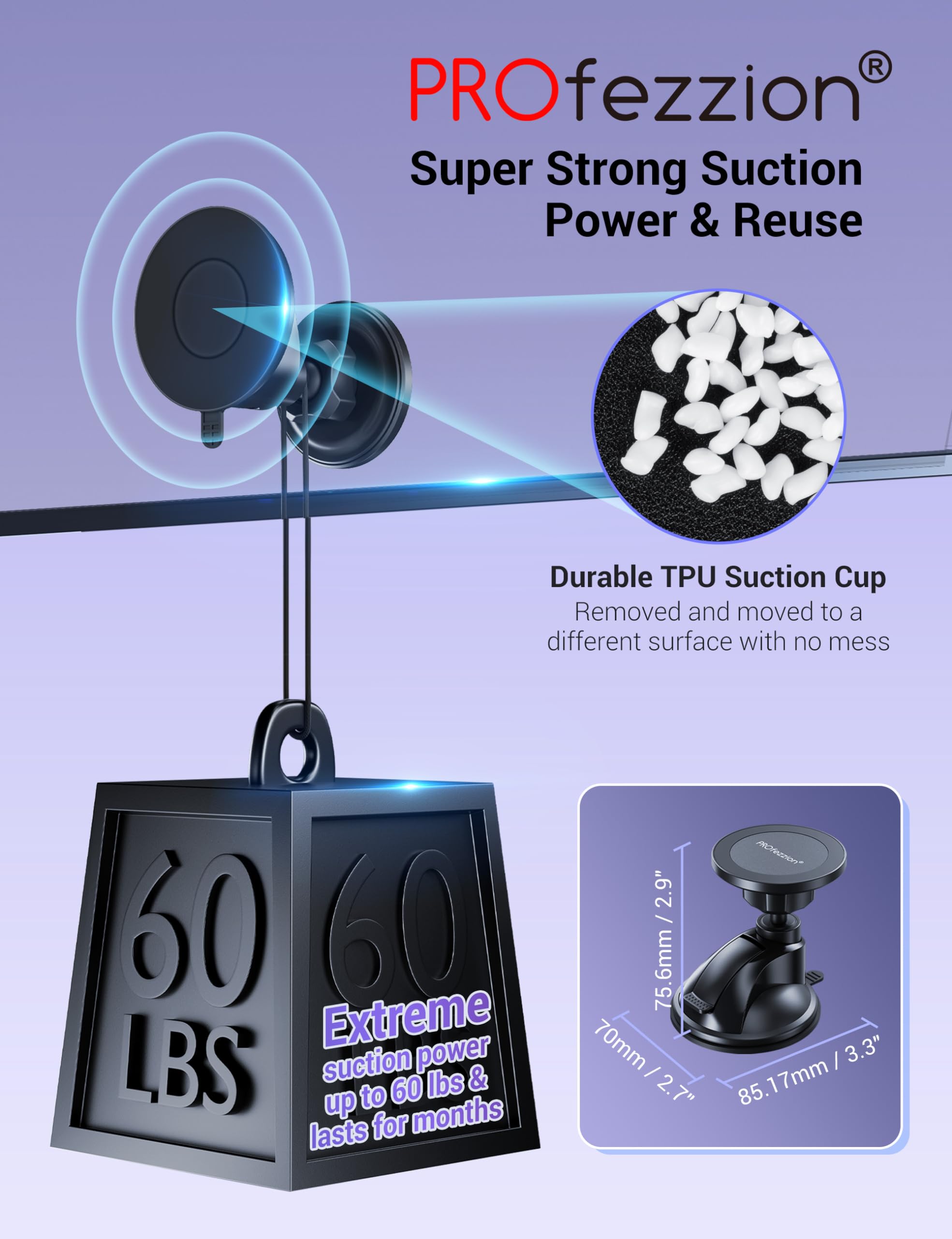 Profezzion Multi-Surface Suction Mount Detachable Magnetic Phone Holder For Mirror Shower Bathroom Kitchen Window Videos Compati