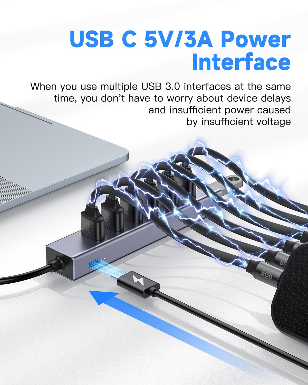 Usb C To Usb Hub, 8 Ports Usb 3.0 Adapter With 7 Usb 3.0 Data Ports,Usb C Splitter With Usb C 5V/3A Power Port, 7.9In/20Cm Main