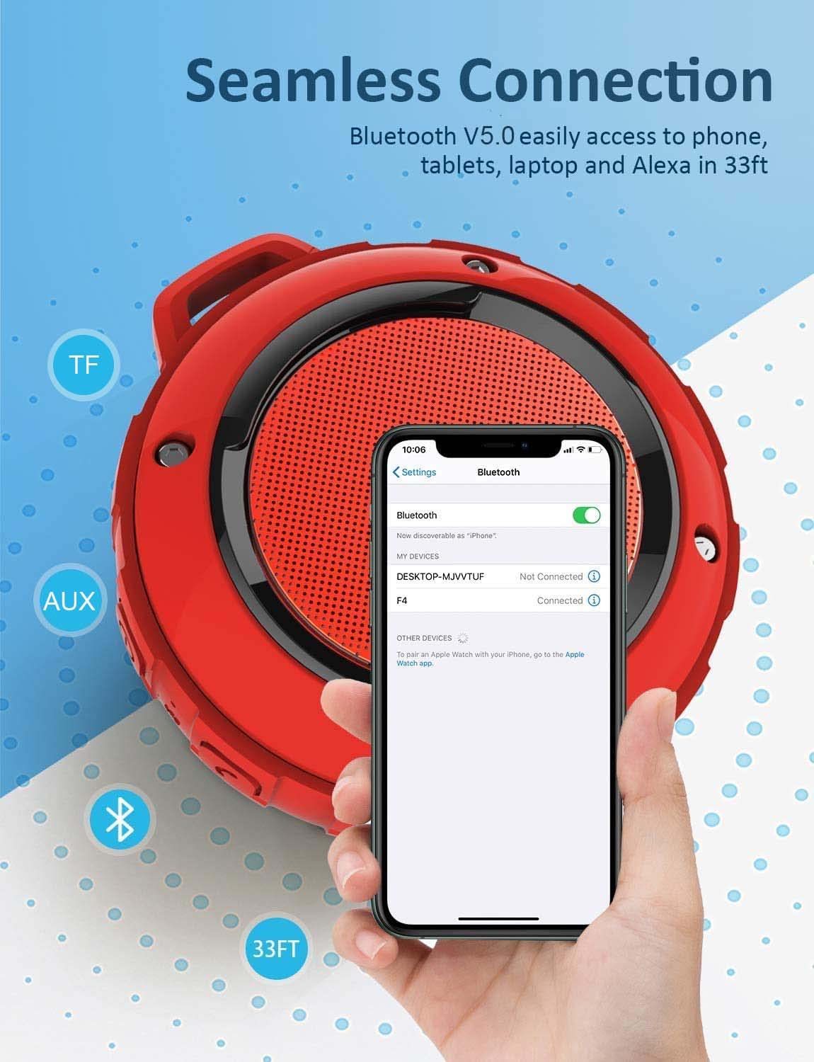 Kunodi Bluetooth Shower Speaker With Ipx7 Waterproof, Crisp Clear Sound, True Wireless Stereo, Clip Portable For Pool Beach Boat Kayak Float Golf