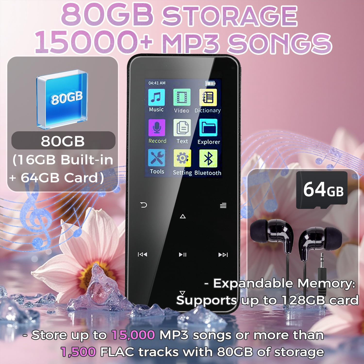 80Gb Mp3 Player With Bluetooth Portable Hifi Music Player With Hd Speaker, Lossless Sound, Fm Radio, Voice Recorder, Touch Butto