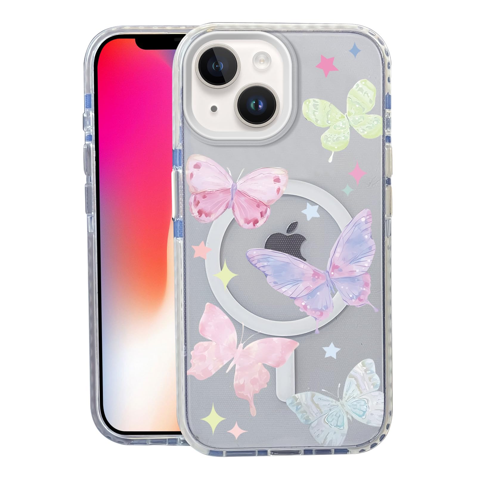 Nimeey Colorful Butterfly for iPhone 15 Case, MagSafe Compatible,Matte Soft Slim Shockproof Cover,Anti-Fingerprint,Anti-Yellowin