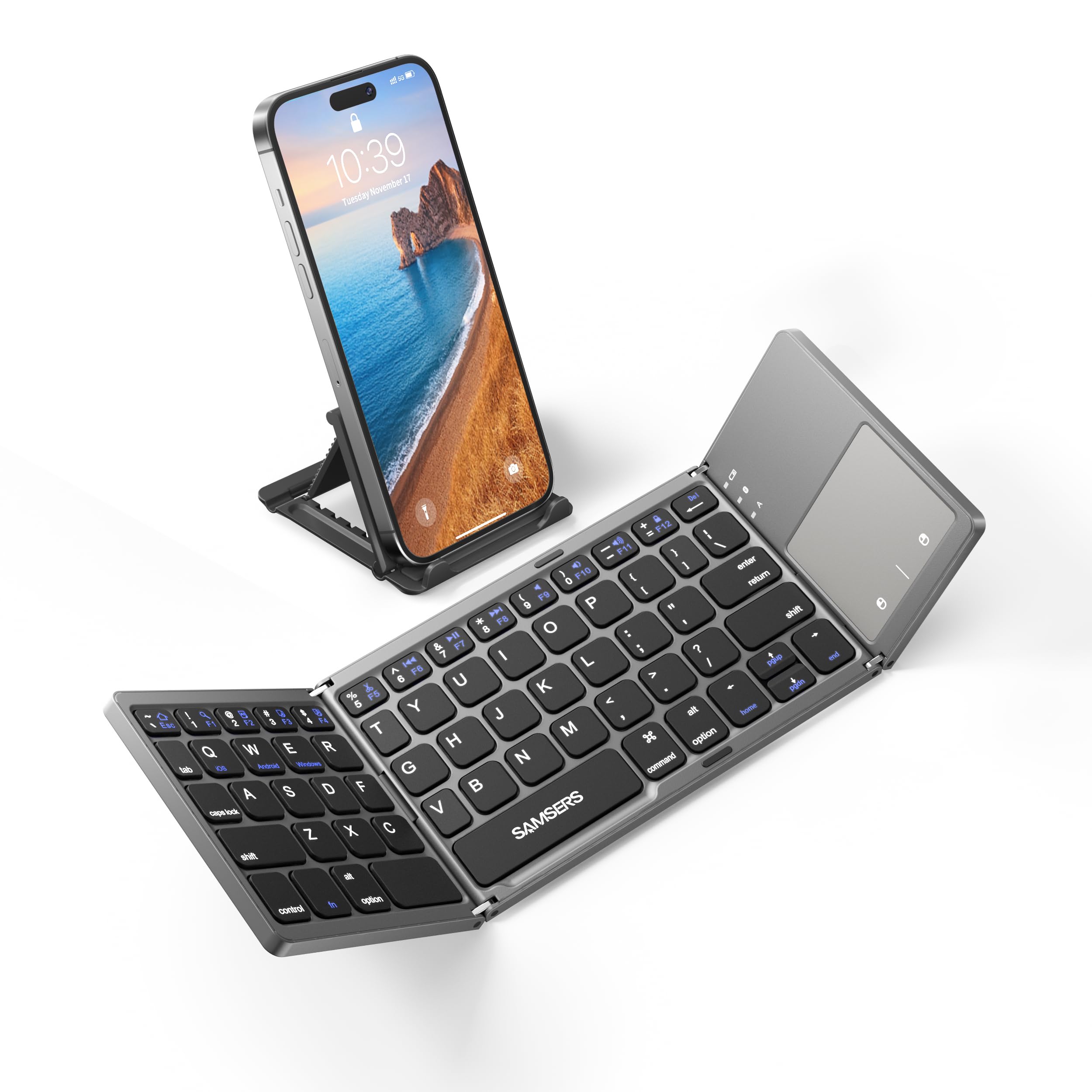 Samsers Foldable Bluetooth Keyboard With Touchpad Portable Wireless Keyboard With Stand Holder, Rechargeable Full Size Ultra Sli