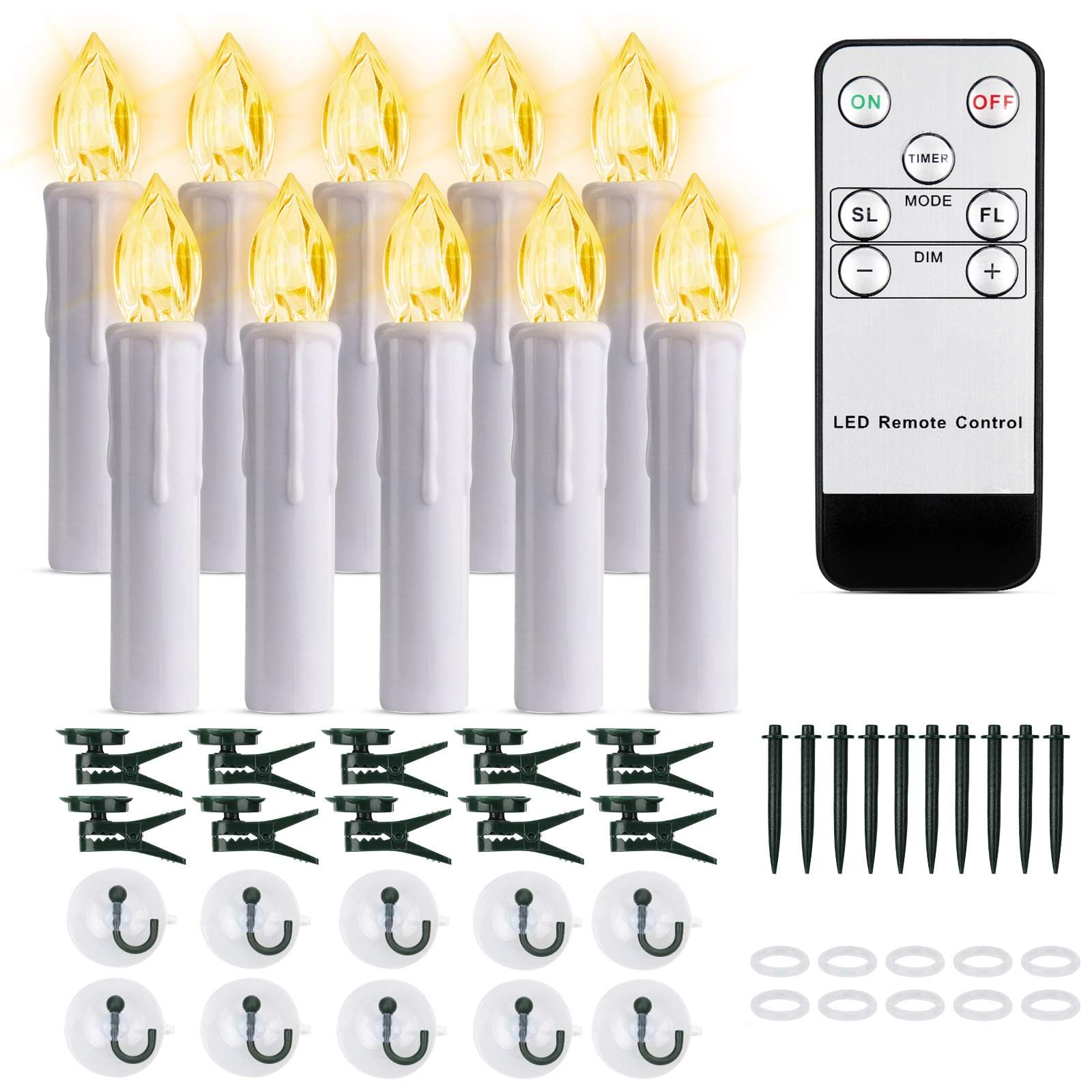 10 Pcs Flameless Battery Operated Window Candles, Led Flickering Hanging Candles With Timer Remote, Suction Cups And Clips For F