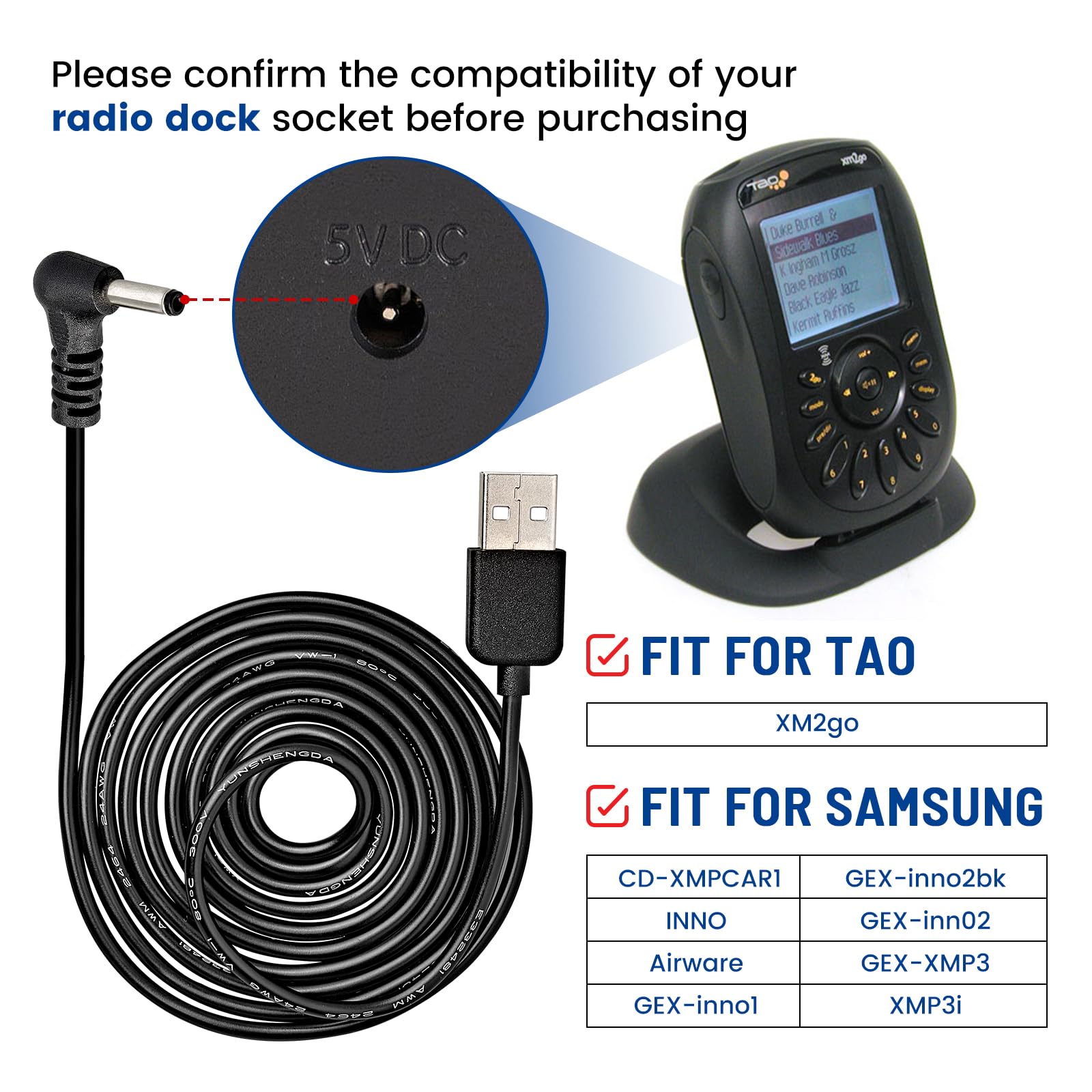 Anina 5V Usb Power Cord Cable, 5Ft Car Charger Connector For Sirius Xm Radio Dock For Delphi Myfi Xpress Audiovox Xmck Pioneer Inno Gex Xmp3I Airware Samsung Nexus Helix Stratus Sportster Starmate
