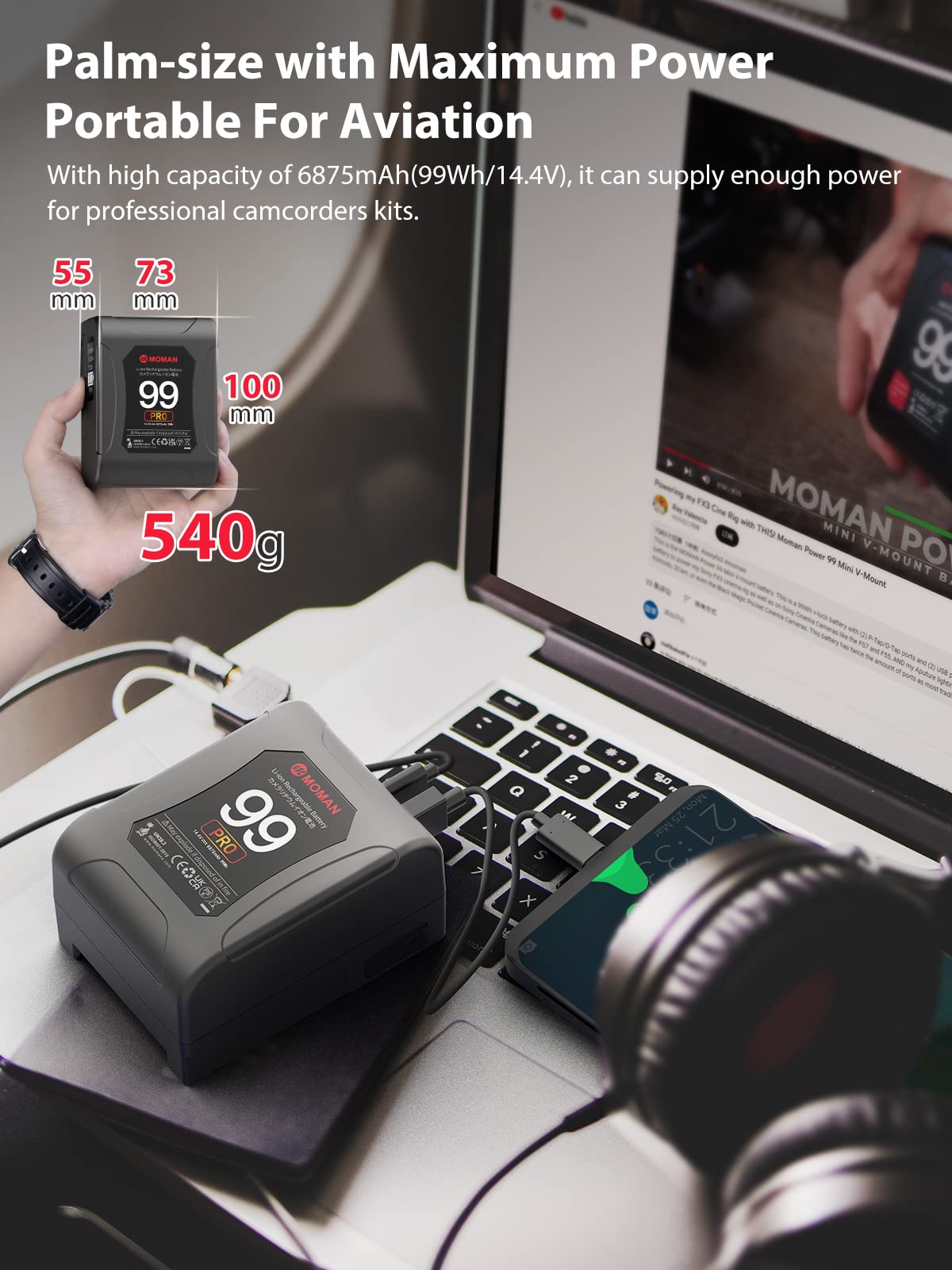 Moman V Mount Battery, Power 99 Pro V Lock Portable Battery 99Wh/6875Mah With D Tap/Usb C/A Output, Premier Oled With Time Displ