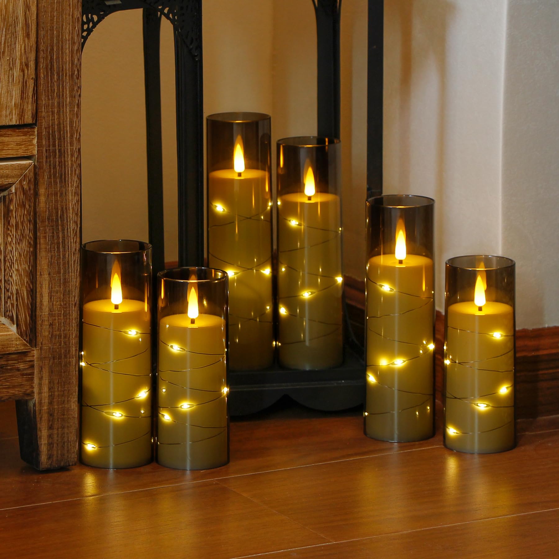 Yeelida Grey Flameless Candles With Remote And String Light, 2.2''X 5'',5'',6'',7'',7'',8'' Led Battery Operated Plastic Flicker