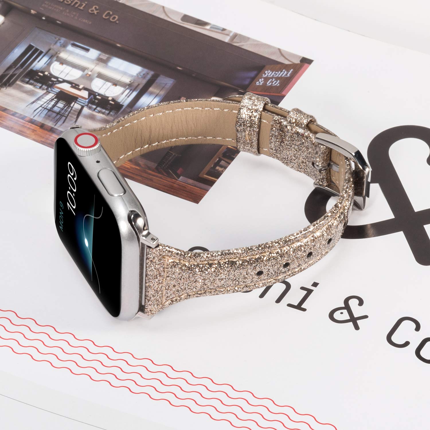 Wearlizer Gold Thin Glitter Leather Compatible With Apple Watch Bands 38Mm 40Mm 41Mm Womens For Iwatch Se Series 8 7 6 5 4 3 2 1