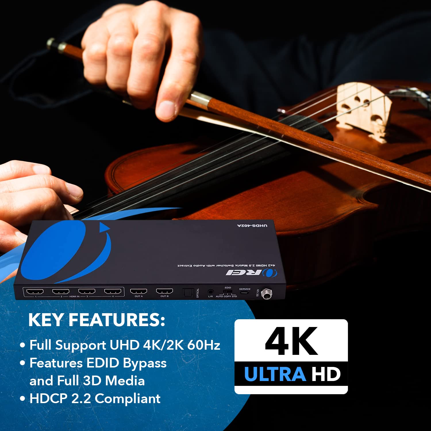 Orei 4K Hdmi Matrix Switch 4 X 2, Switcher 18G Ultrahd With Arc Supports Upto 4K @ 60Hz & 1080P Ir Audio Extractor Arc Edid Hdcp