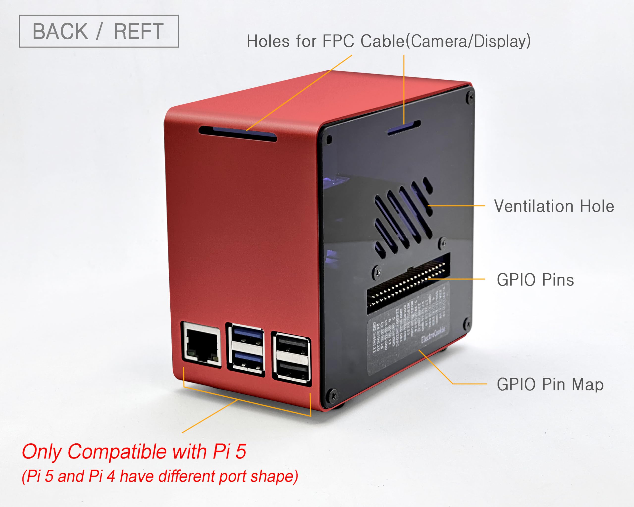 Electrocookie Raspberry Pi 5 Case, Aluminum Mini Tower Case With Cooling Fan And Color Changing Ambient Light (Red)
