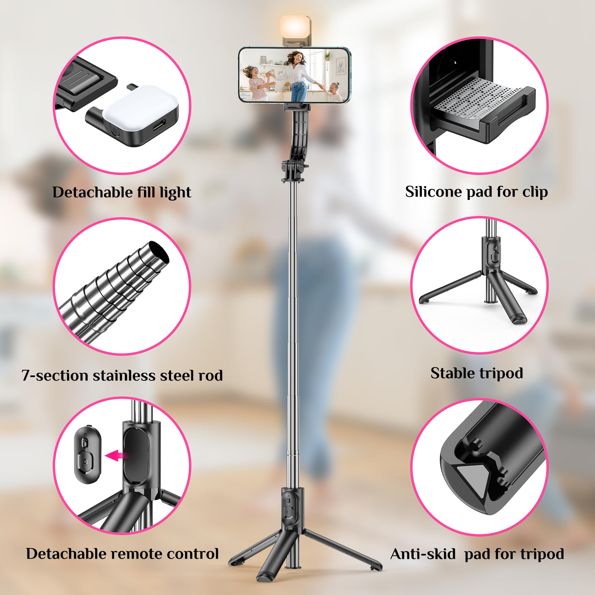 Selfie Stick Tripod With Fill Light, All In One Extendable Selfie Stick With Detachable Wireless Remote, Flexible Phone Tripod S