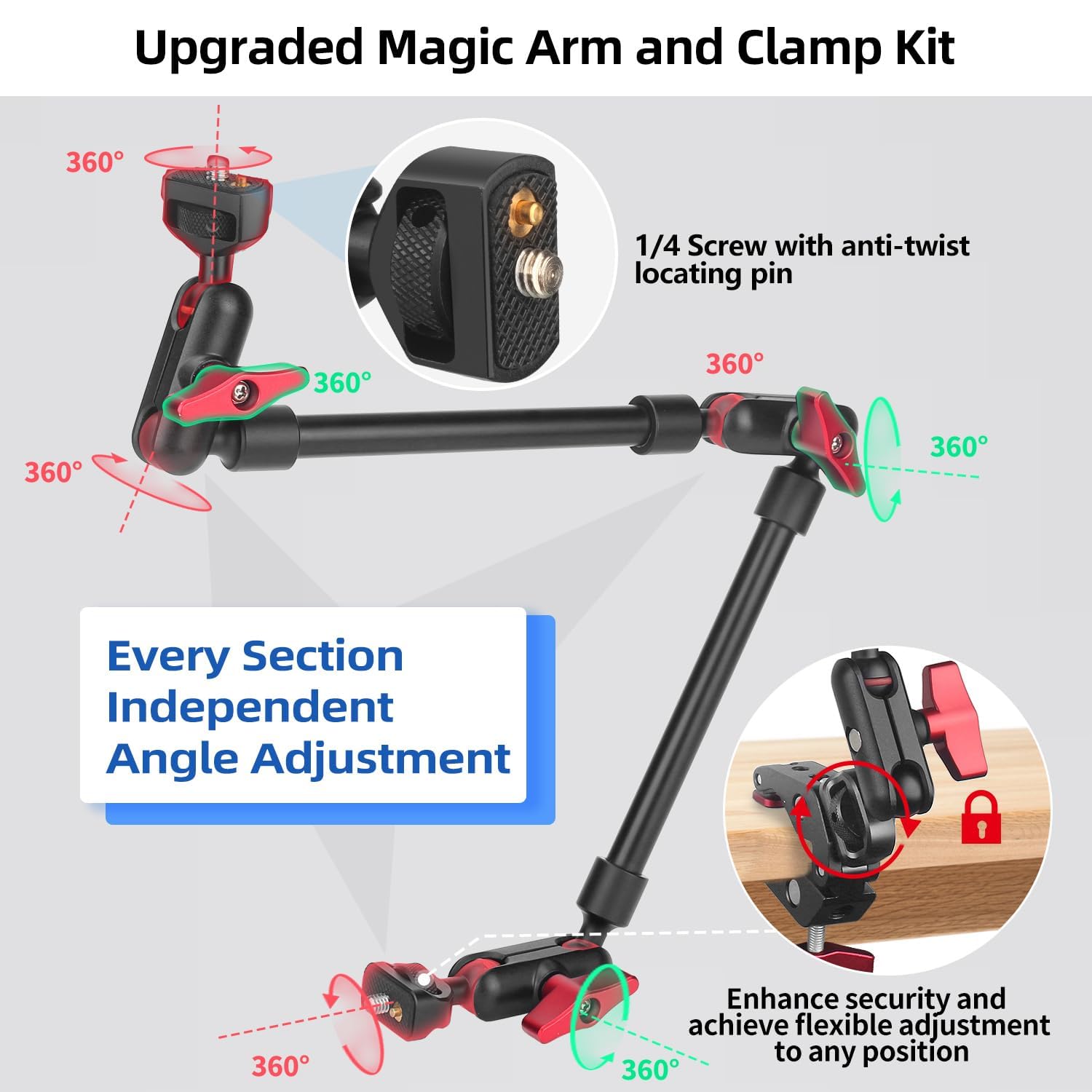 Hemmotop 22In Magic Arm With Clamp, Long Articulating Arm Camera Mount, Adjustable Phone Mount Holder 360 Rotation, Mic Arm For