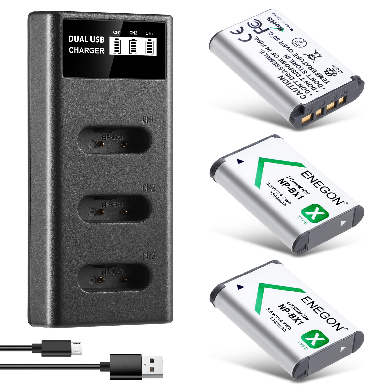 Enegon Np Bx1 Battery 3 Pack + Smart Lcd Triple Charger, High Capacity 1300Mah, Compatible With Sony Zv 1, Dsc Rx100 Series (I,