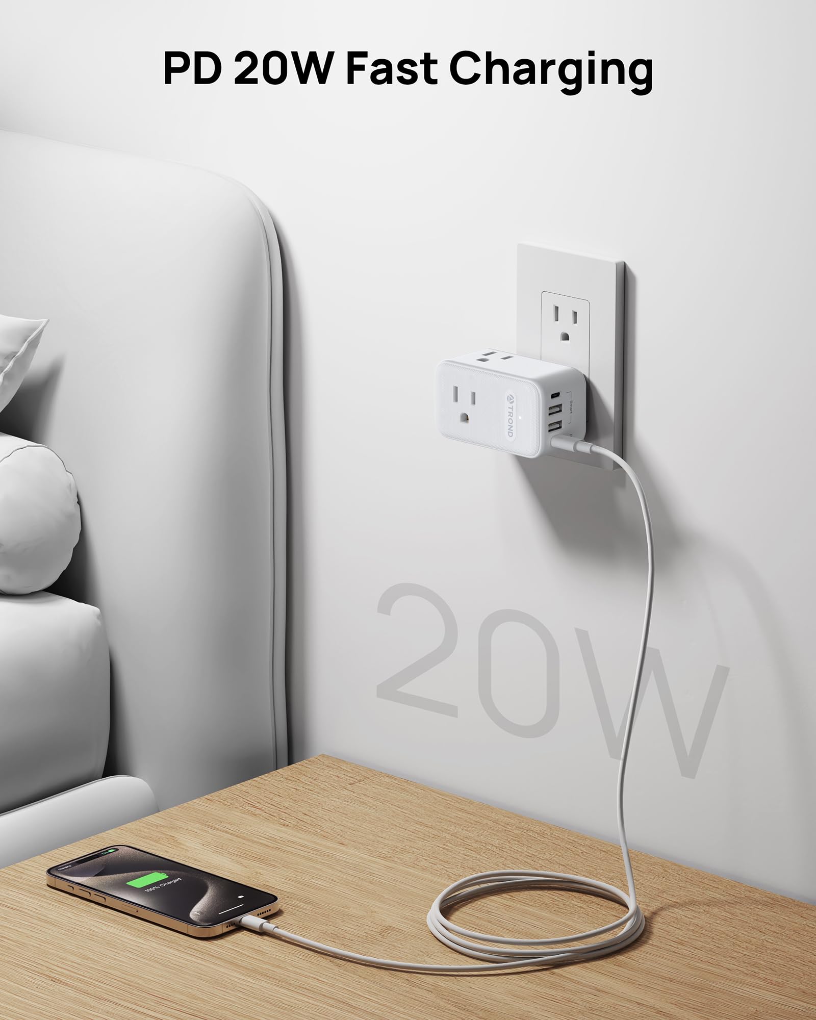 Trond Outlet Extender With 360 Rotating Plug, 3 Ac Outlet Splitter With Pd 20W Usb C Charger, Usb Wall Plug Adapter, A Small Cha