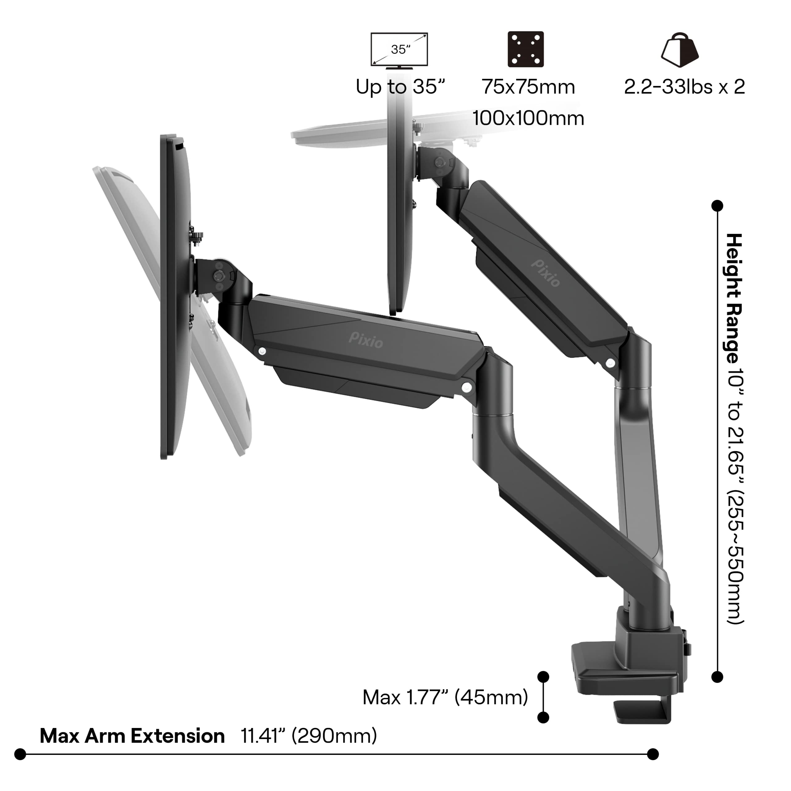 Pixio Ps2D Ultrawide Heavy Duty Premium Dual Monitor Arm Stand Desk Mount   Fits Up To 35 Inches Two Monitors, Weights Up To 33 Lbs Each, Height Adjustable, Compatible With Vesa 75X75Mm 100X100Mm