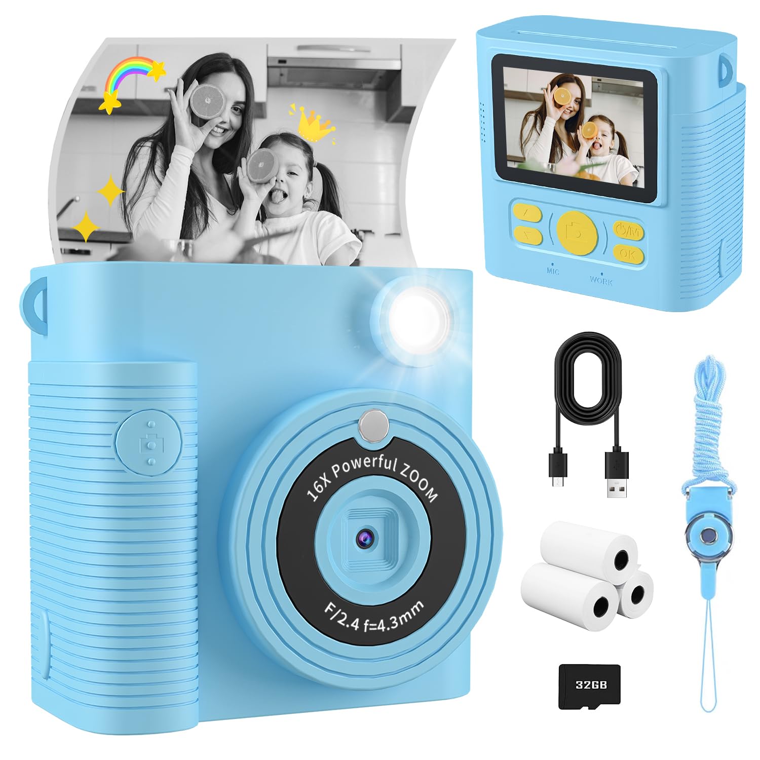 Fkateen Instant Print Camera For Kids, 1080P Hd Kids Digital Cameras Instant Print Photos With 32Gb Sd Card, Christmas Birthday 