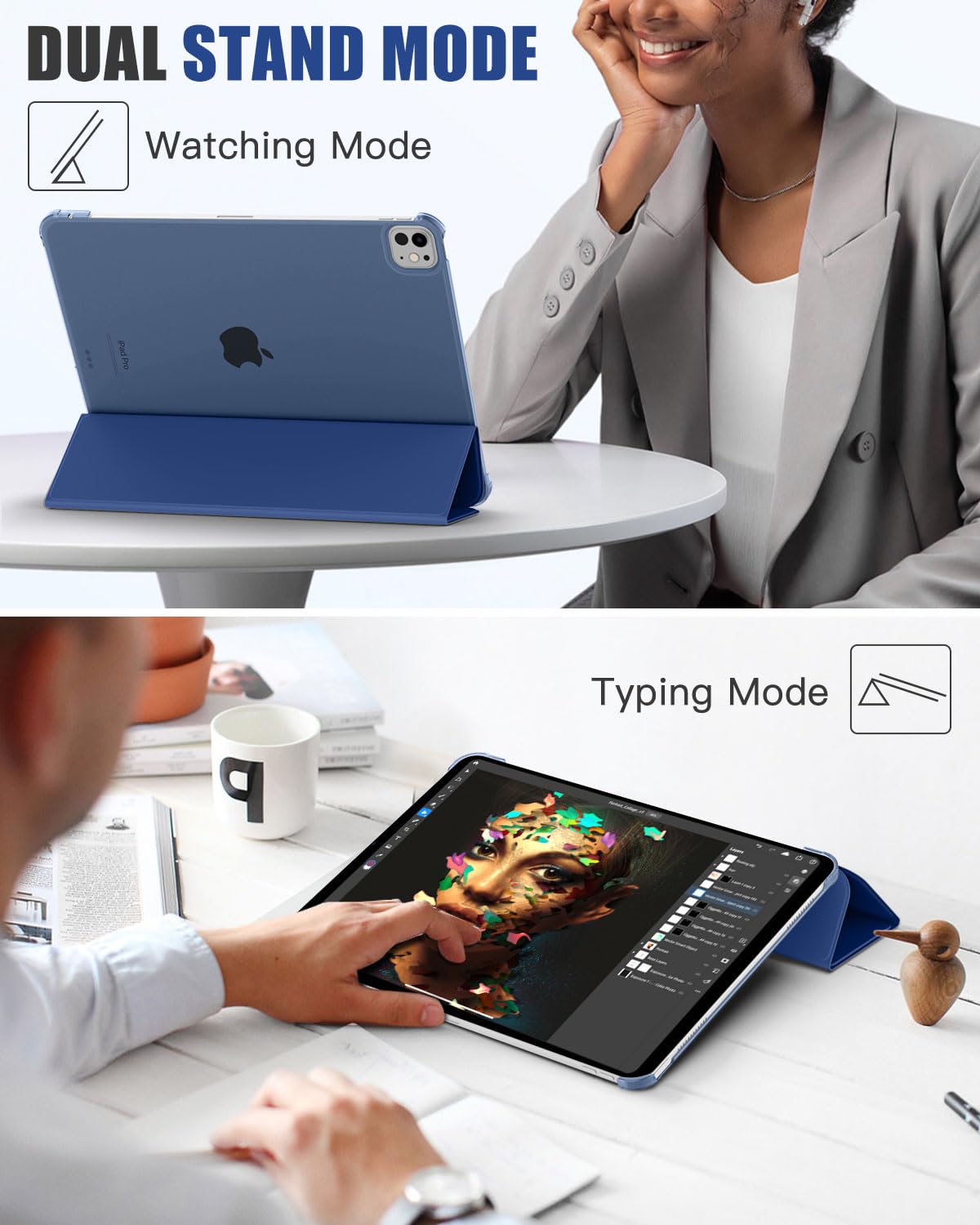 MoKo for iPad Pro 11 Inch Case M4 2024 (5th Gen), Ultra Slim Stand Case with Hard PC Translucent Back Shell Cover for iPad Pro 11'' 2024 Model (A2836/A2837/A3006), Support Apple Pencil Pro, Navy Blue