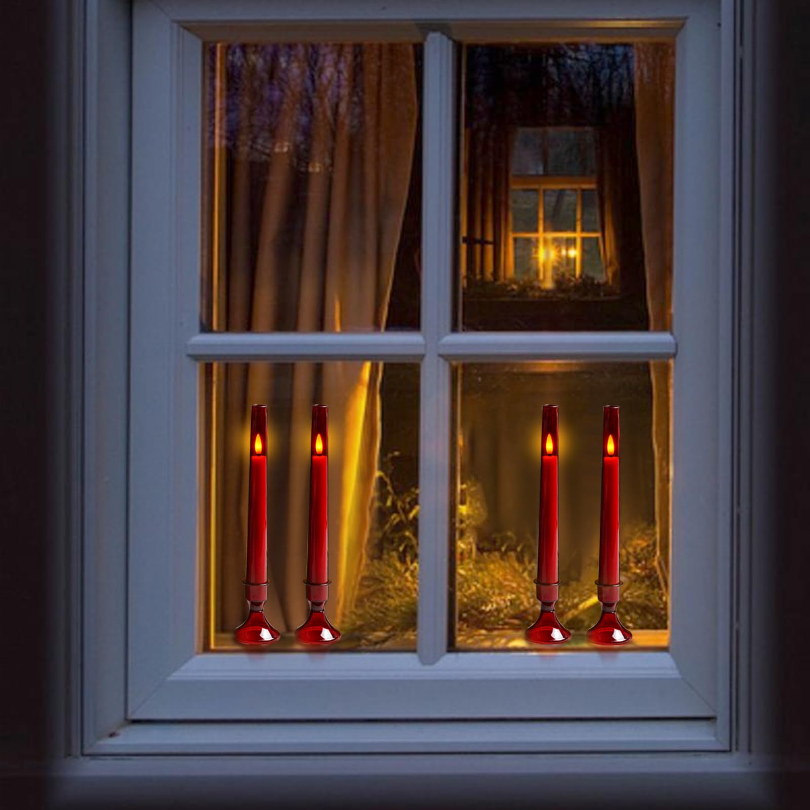 Lezonic Flameless Windows Candles Battery Operated With Timer Remote, 6Pcs Red Acrylic Flameless Candlesticks With Holders, Led