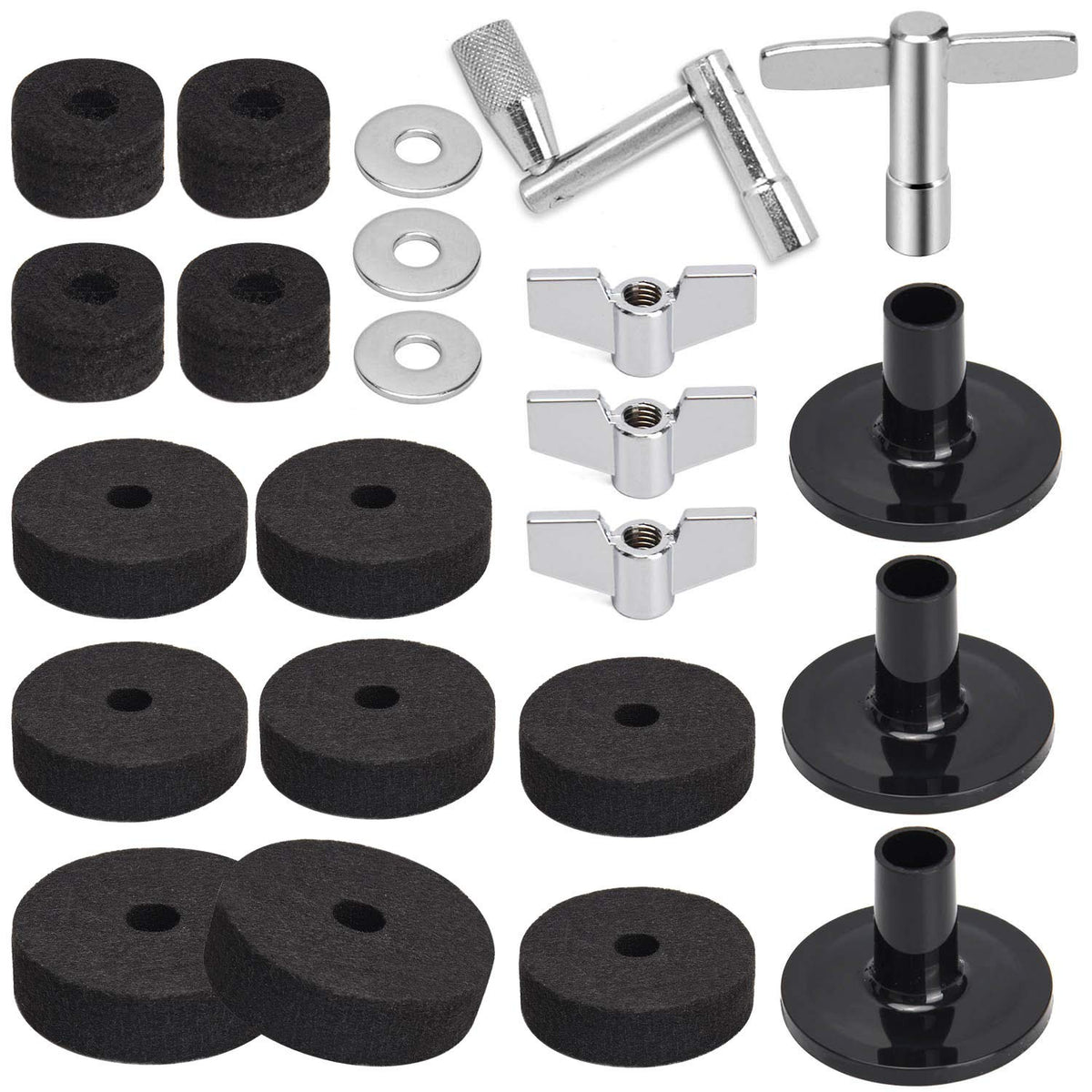 Facmogu 23Pcs Cymbal Replacement Accessories, Cymbal Stand Felts, Drum Cymbal Felt Pads Include Wing Nuts, Washers, Cymbal Sleeves & Drum Key   Black