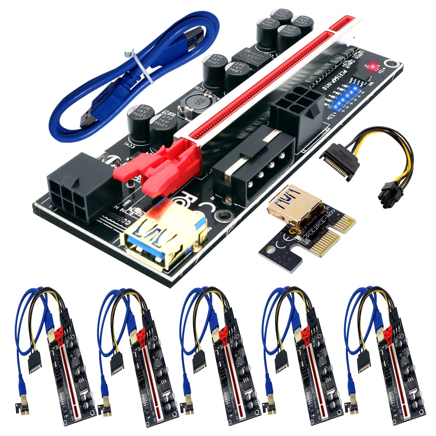 Btbcoin 6 Pack Pci E Riser 010S Gpu Riser Adapter Card Pci Express 1X To 16X Riser Card With 8 Solid Capacitors For Bitcoin Ethereum Mining