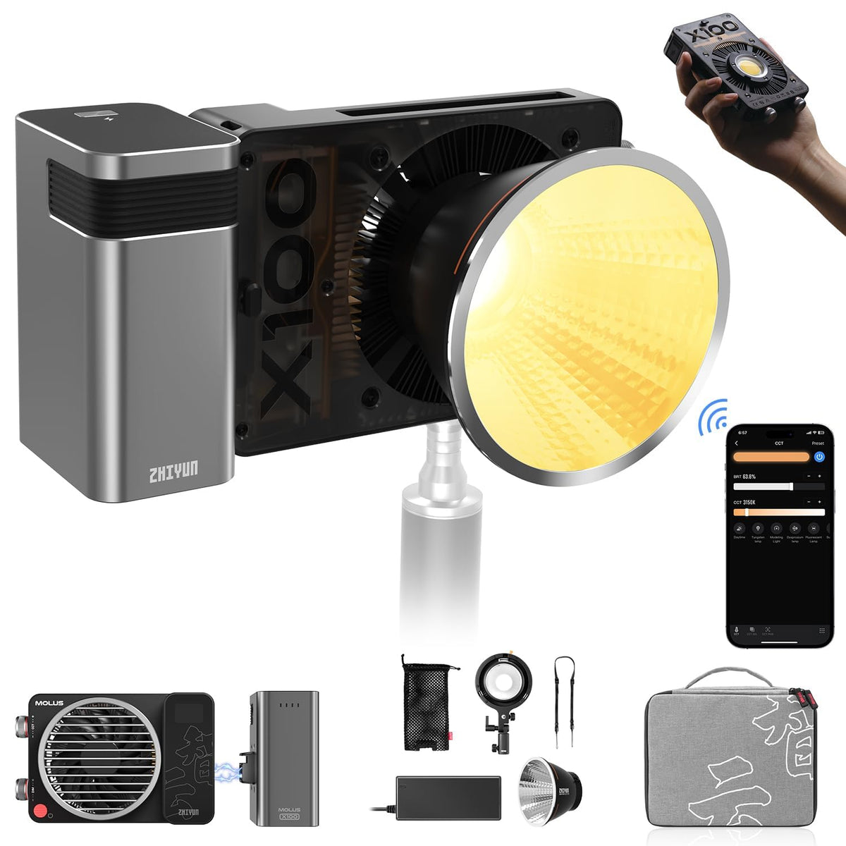 Zhiyun Molus X100 Led Video Light,Portable 100W 2700K-6500K Cri 95+ Tlci 97+ With Bluetooth App Brightness Control,Combo