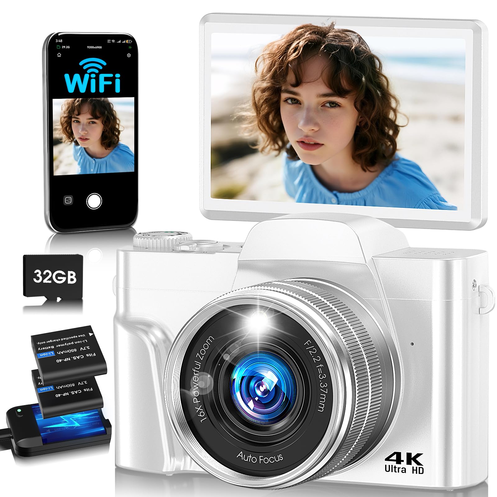 4K Digital Camera for Photography with WiFi,64MP Autofocus Vlogging Camera for YouTube,3 180 Flip Screen Compact Travel Camera