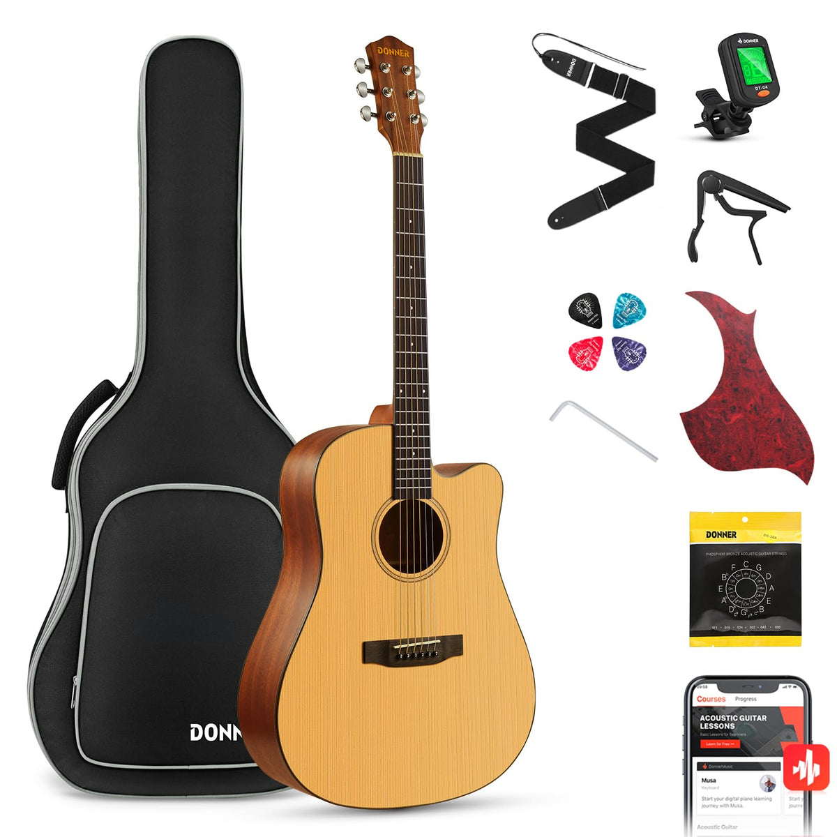 Donner Acoustic Guitar Kit For Beginner Adult Teen Full Size Cutaway Acustica Guitarra Starter Bundle Set With Bag Strap Tuner C