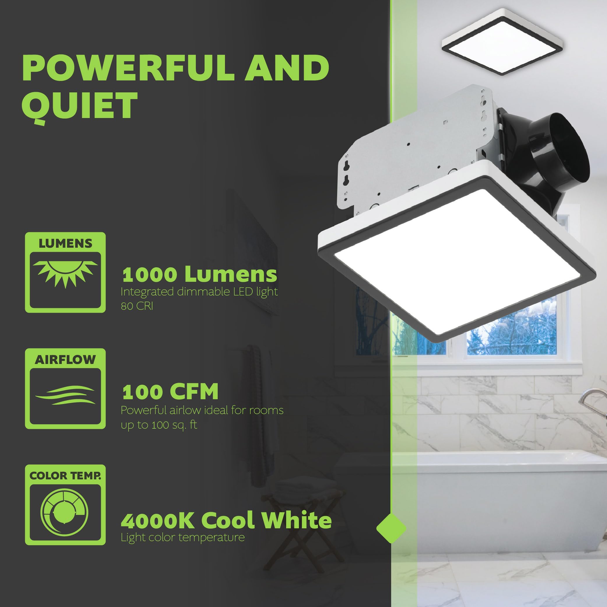 Homewerks 7105 12 Mb Bathroom Fan With Light 100 Cfm 2 Sones Matte Black Square Ventilation Fan With Dimmable Led Light And Magn