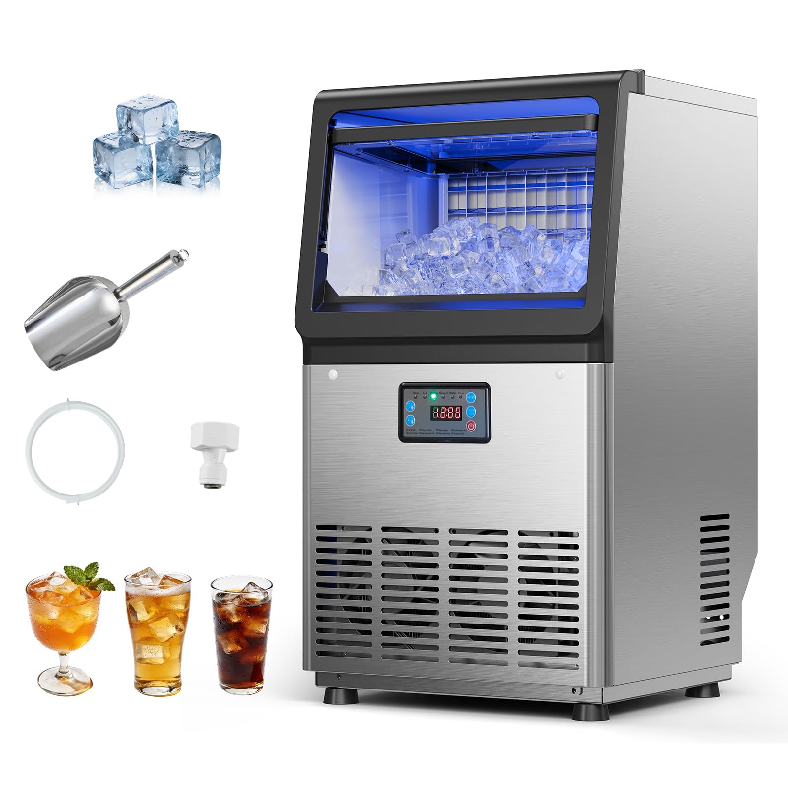 VEVOR Commercial Ice Maker Machine, 120 lbs/24h with 30 lbs Storage Capacity, Built-in/Freestanding/Under Counter, Stainless Ste