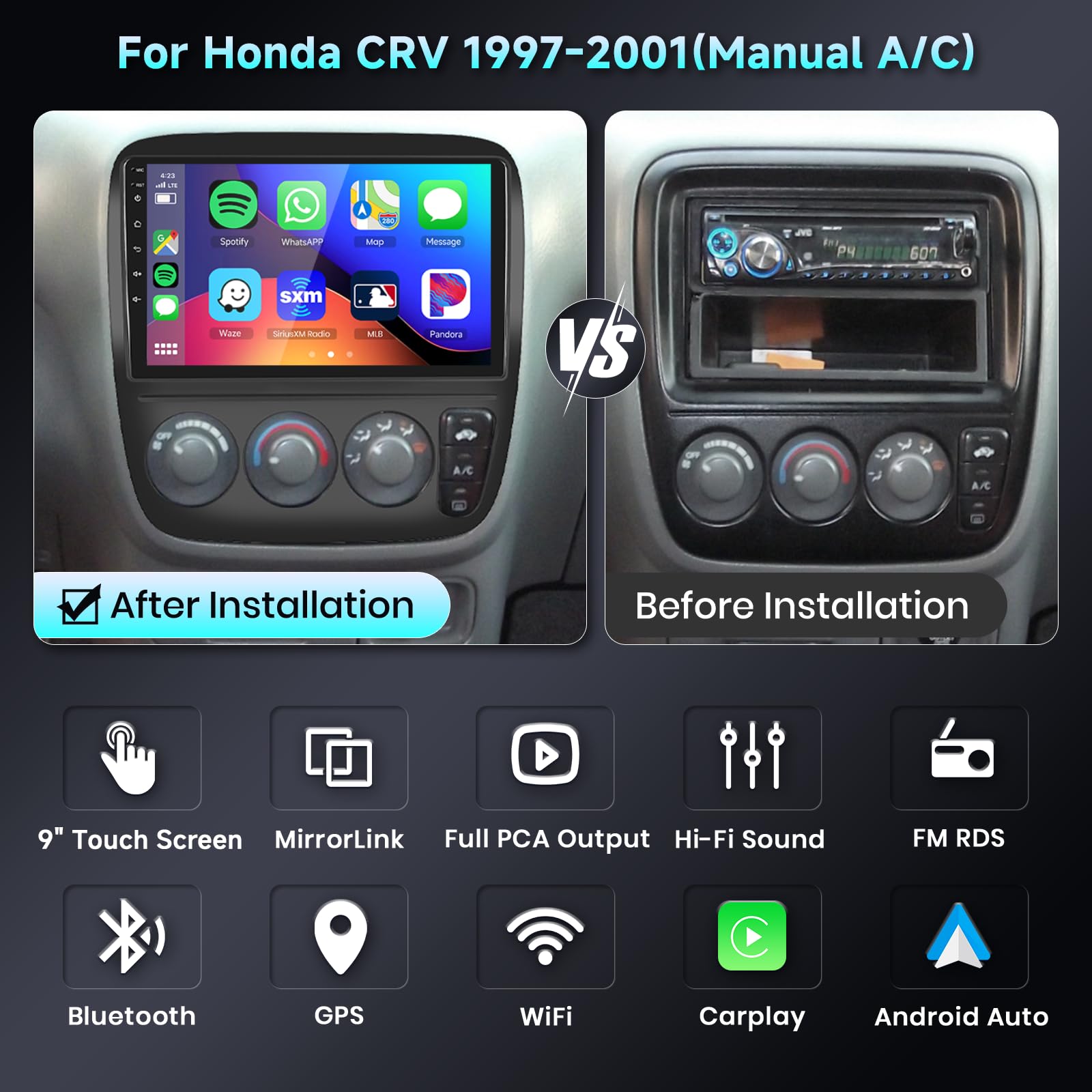 Android Car Stereo Radio For Honda Crv 1997 1998 1999 2000 2001 Manual A/C With Wireless Apple Carplay Android Auto, 9Inch Hd Touchscreen With Bluetooth Gps Navigation Wifi Hifi Swc Usb Backup Camera