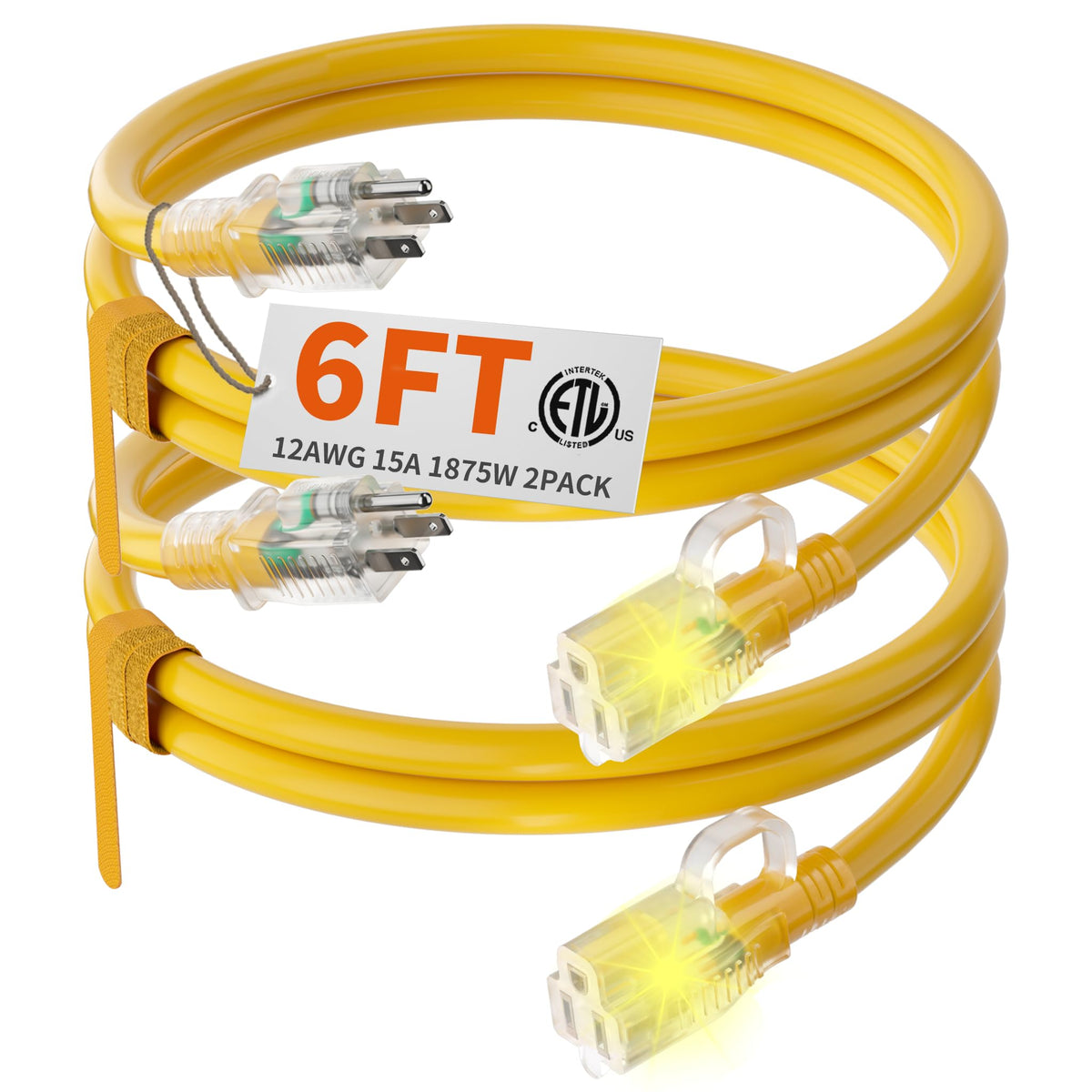 Huanchain 12/3 Gauge Heavy Duty Outdoor Extension Cord 6 Ft 2 Pack Waterproof With Lighted End, Flexible Cold Resistant 3 Prong