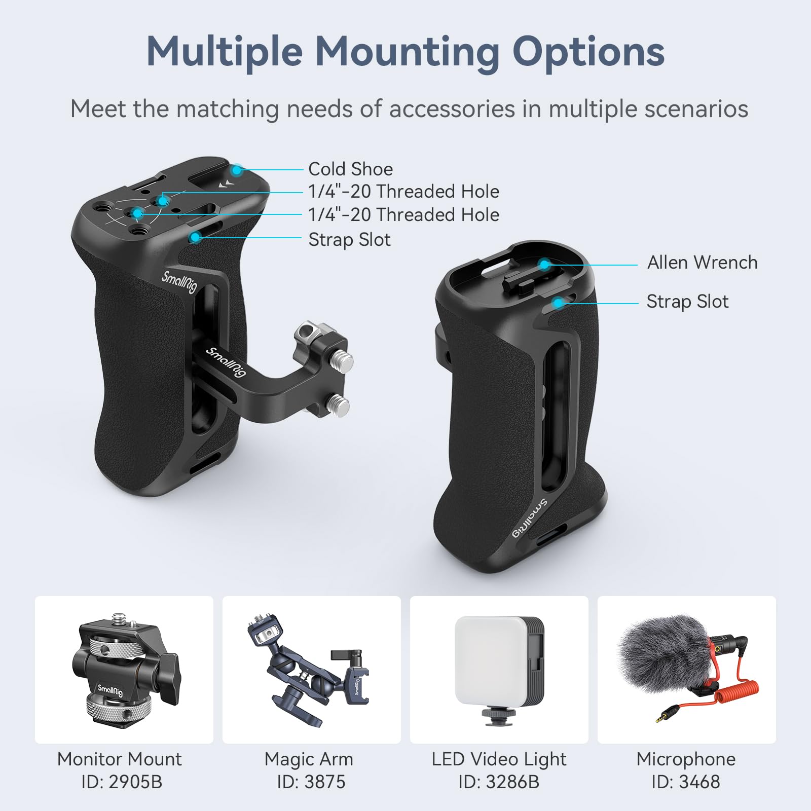 Smallrig Aluminum Side Handle For Camera Cages, Universal Ergonomic Side Handgrip With Bulit-In 1/4-20 Locating Hole, Strap Hole