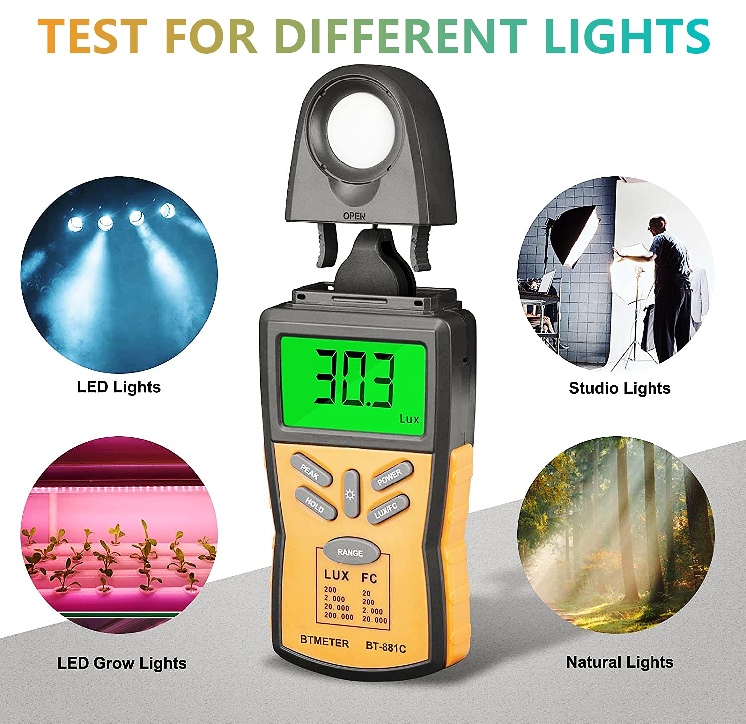 Btmeter Digital Illuminance Light Meter Bt 881C,Lumen/Fc Photometer,Luxmeter Sensor Measure 0.1~200000 Lux (0.01~20000Fc) Lights