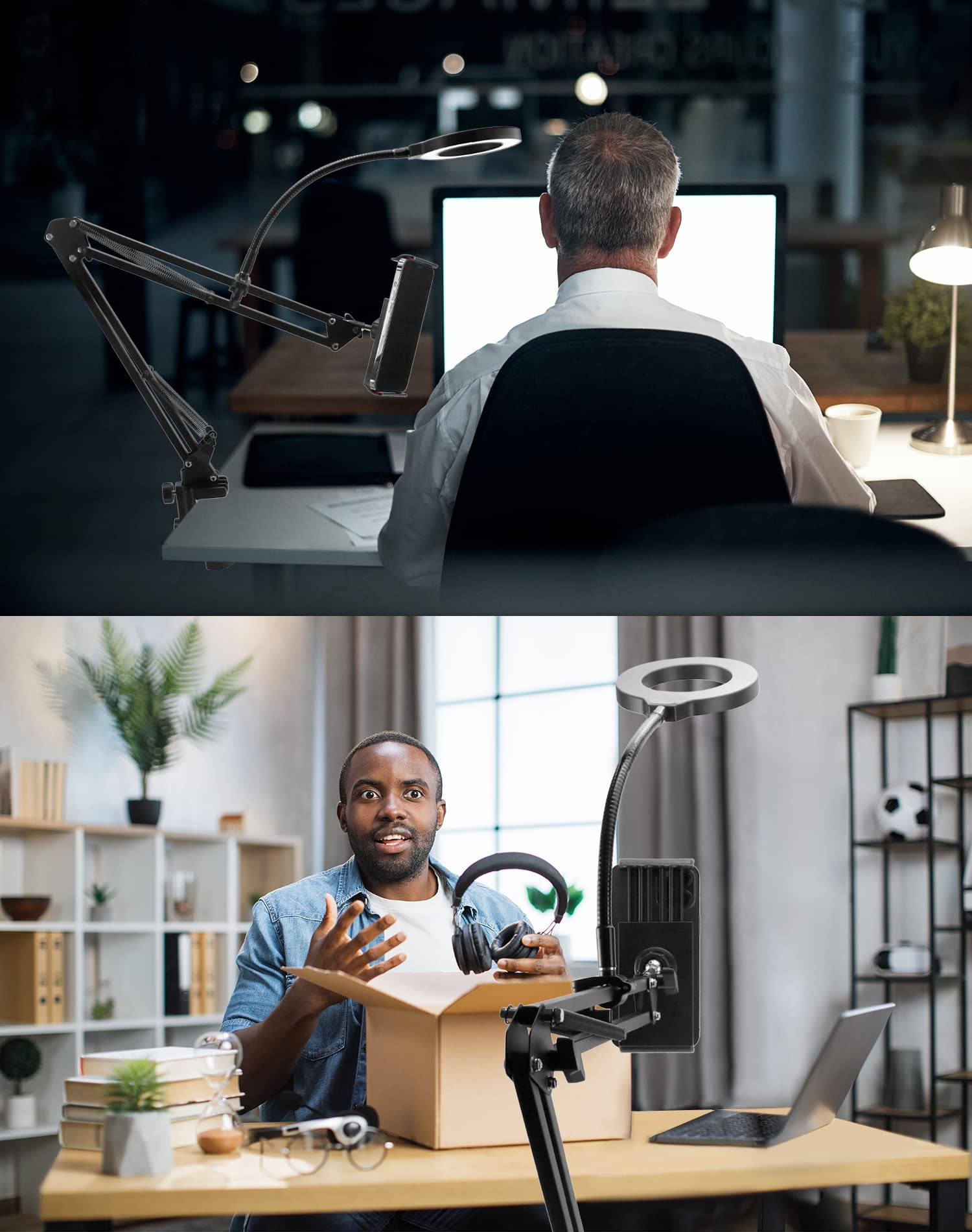 Qwork Overhead Camera Mount, Phone Mount With Ring Light, Flexible Articulating Phone Arm Stand, Phone Holder Stand, Phones Moun